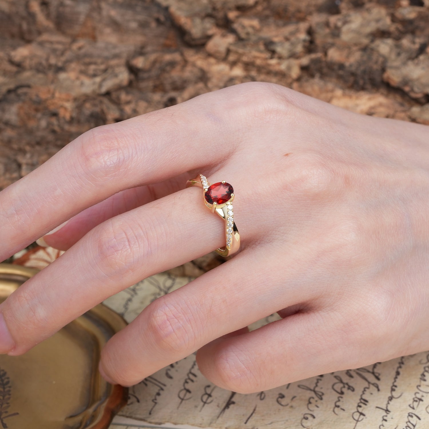 Unique, Luxurious Twisted 4-Prong Oval Cut Garnet Engagement Ring - Additional view