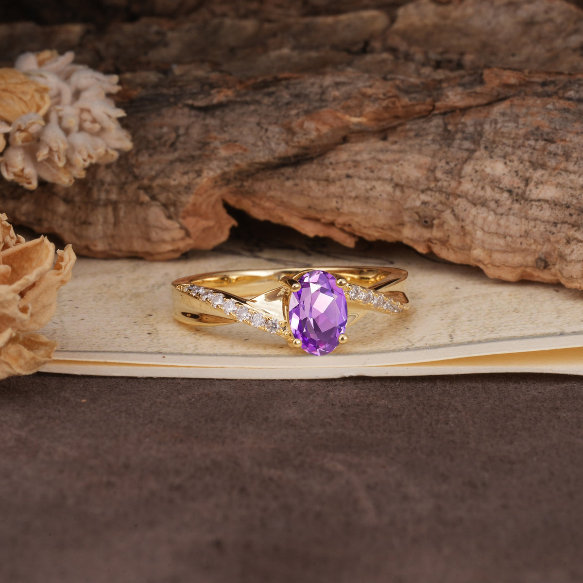 Unique, Luxurious Twisted 4-Prong Oval Cut Amethyst Engagement Ring - Additional view