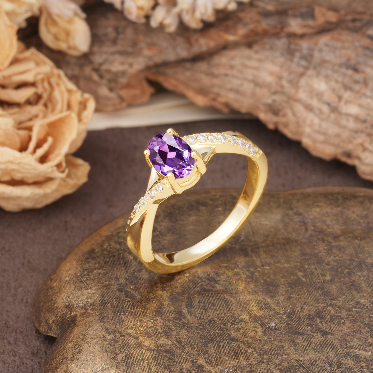 Unique, Luxurious Twisted 4-Prong Oval Cut Amethyst Engagement Ring - Additional view