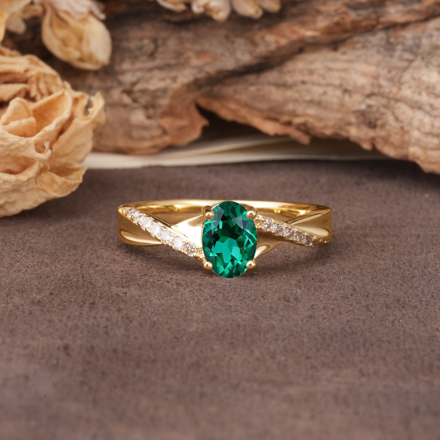 Unique, Luxurious Twisted 4-Prong Oval Cut Emerald Engagement Ring - Additional view