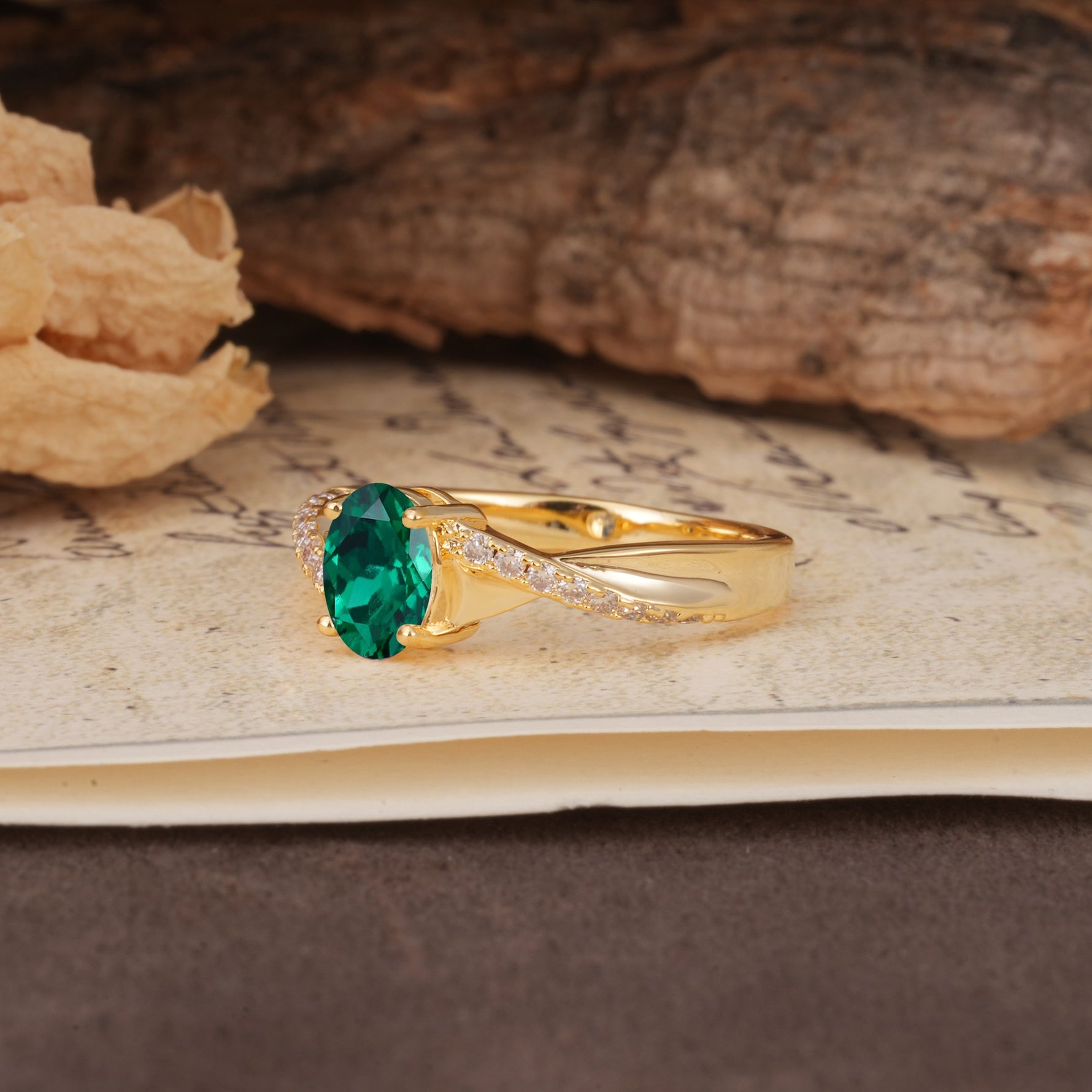 Unique, Luxurious Twisted 4-Prong Oval Cut Emerald Engagement Ring - Additional view
