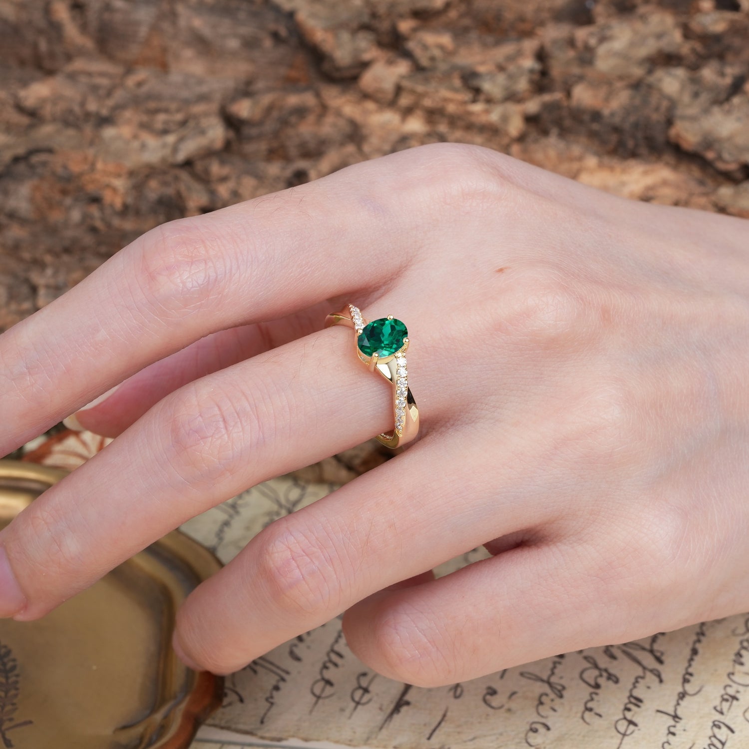 Unique, Luxurious Twisted 4-Prong Oval Cut Emerald Engagement Ring - Additional view