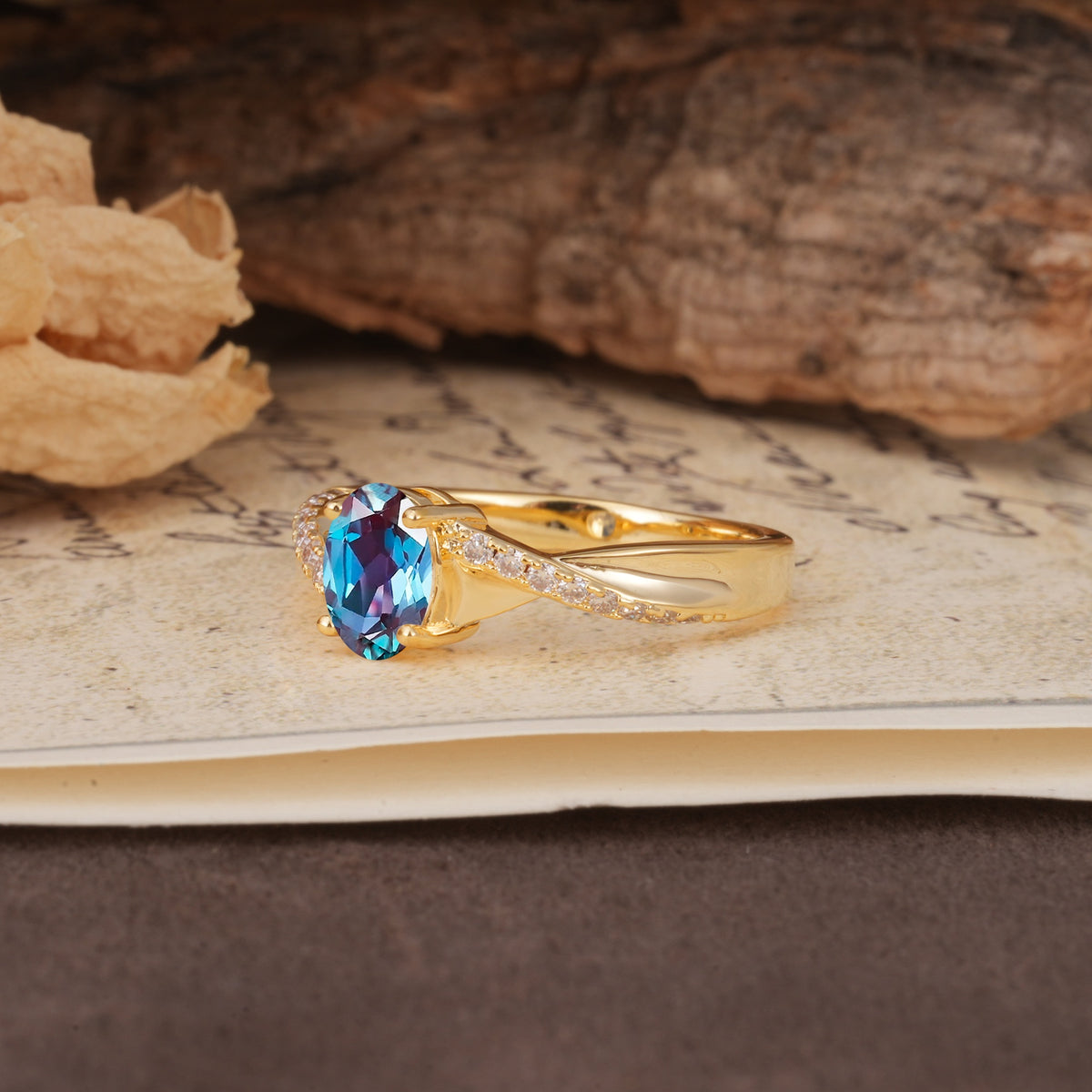 Unique, Luxurious Twisted 4-Prong Oval Cut Alexandrite Engagement Ring - Additional view