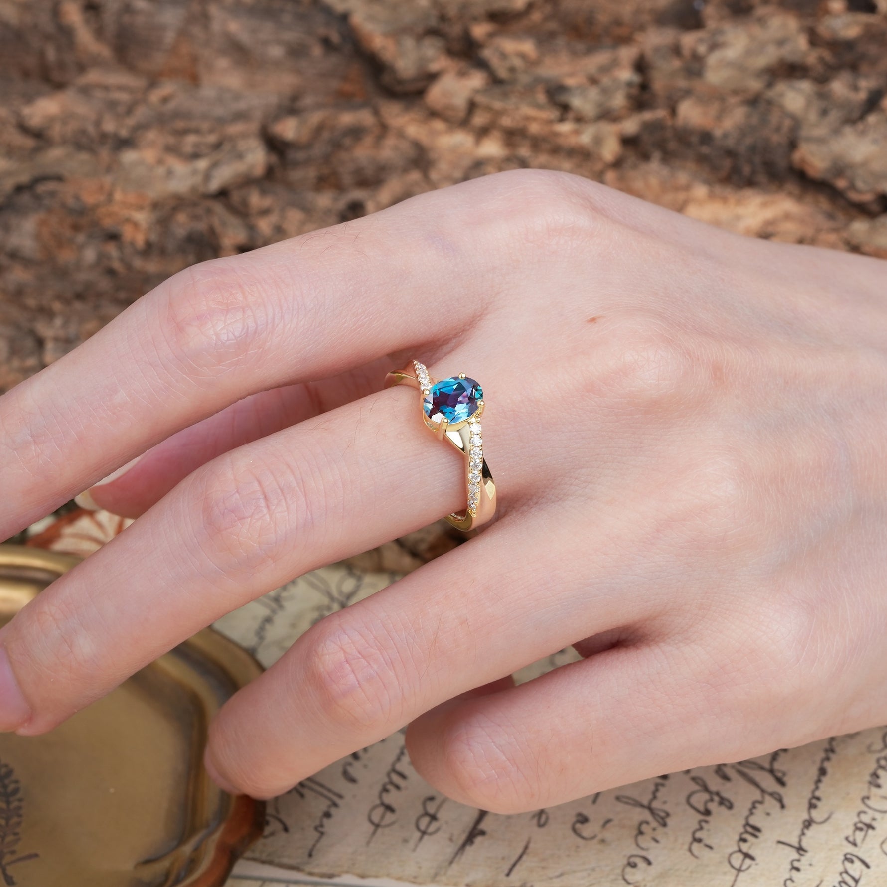 Unique, Luxurious Twisted 4-Prong Oval Cut Alexandrite Engagement Ring - Additional view