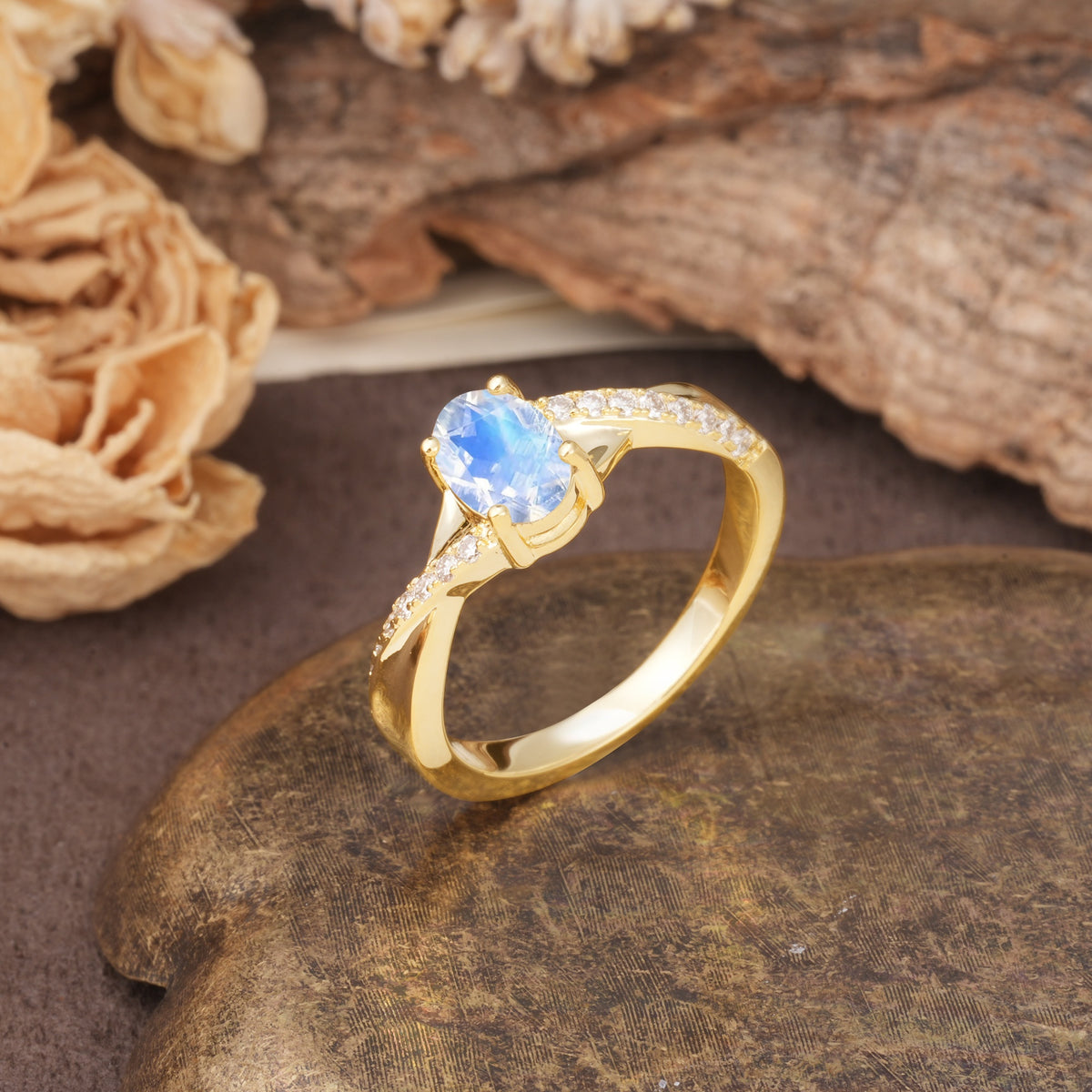 Unique, Luxurious Twisted 4-Prong Oval Cut Moonstone Engagement Ring - Additional view