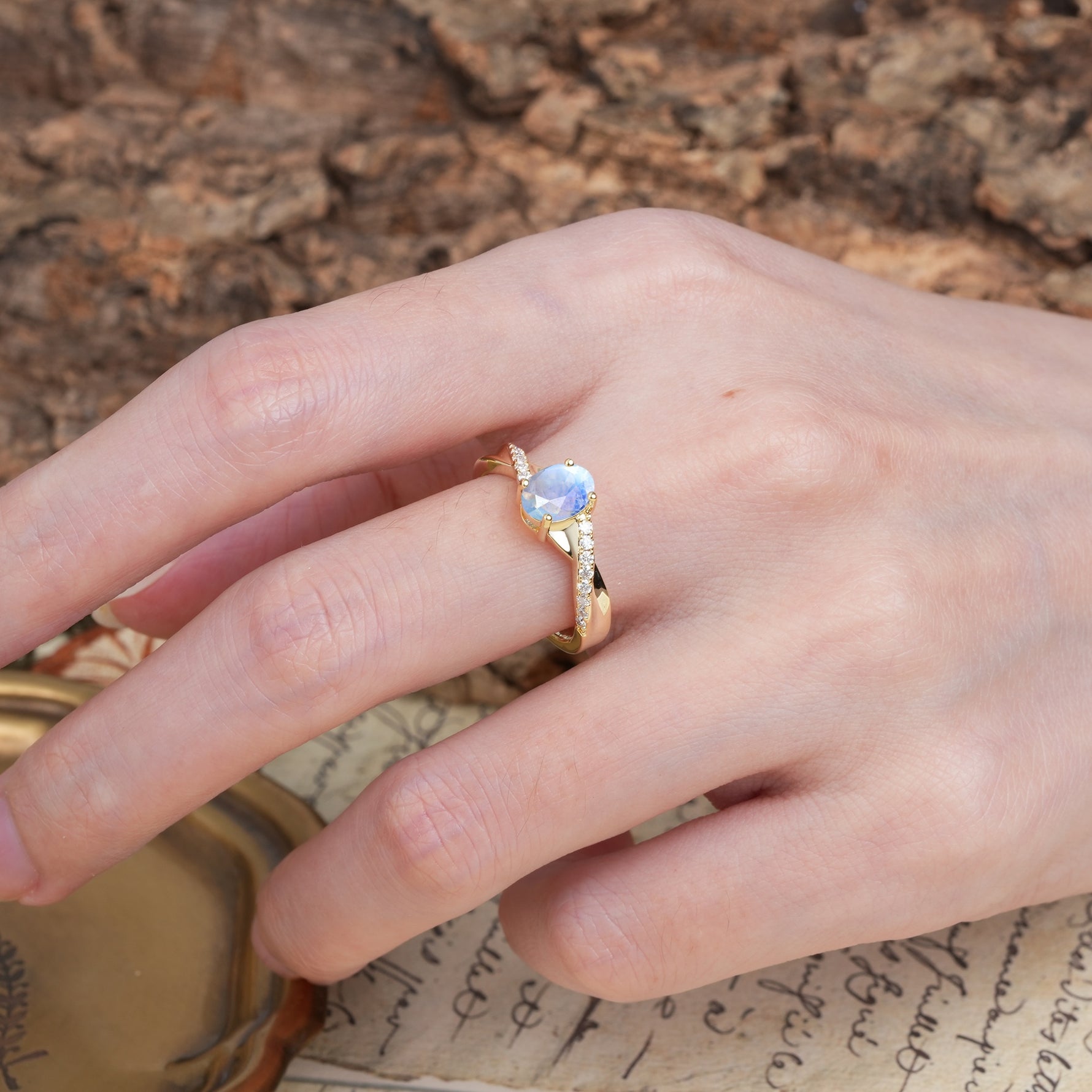 Unique, Luxurious Twisted 4-Prong Oval Cut Moonstone Engagement Ring - Additional view