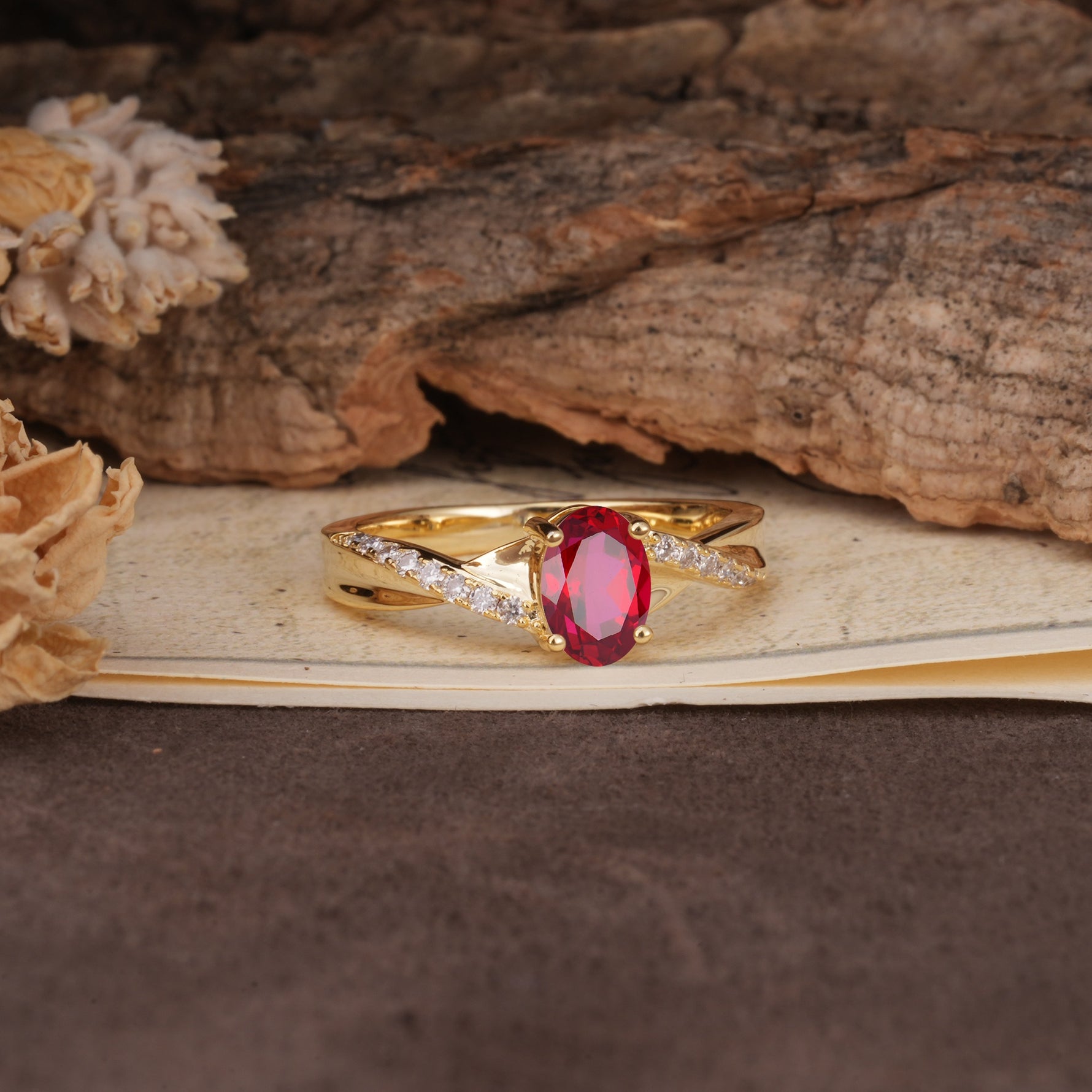 Unique, Luxurious Twisted 4-Prong Oval Cut Ruby Engagement Ring - Additional view