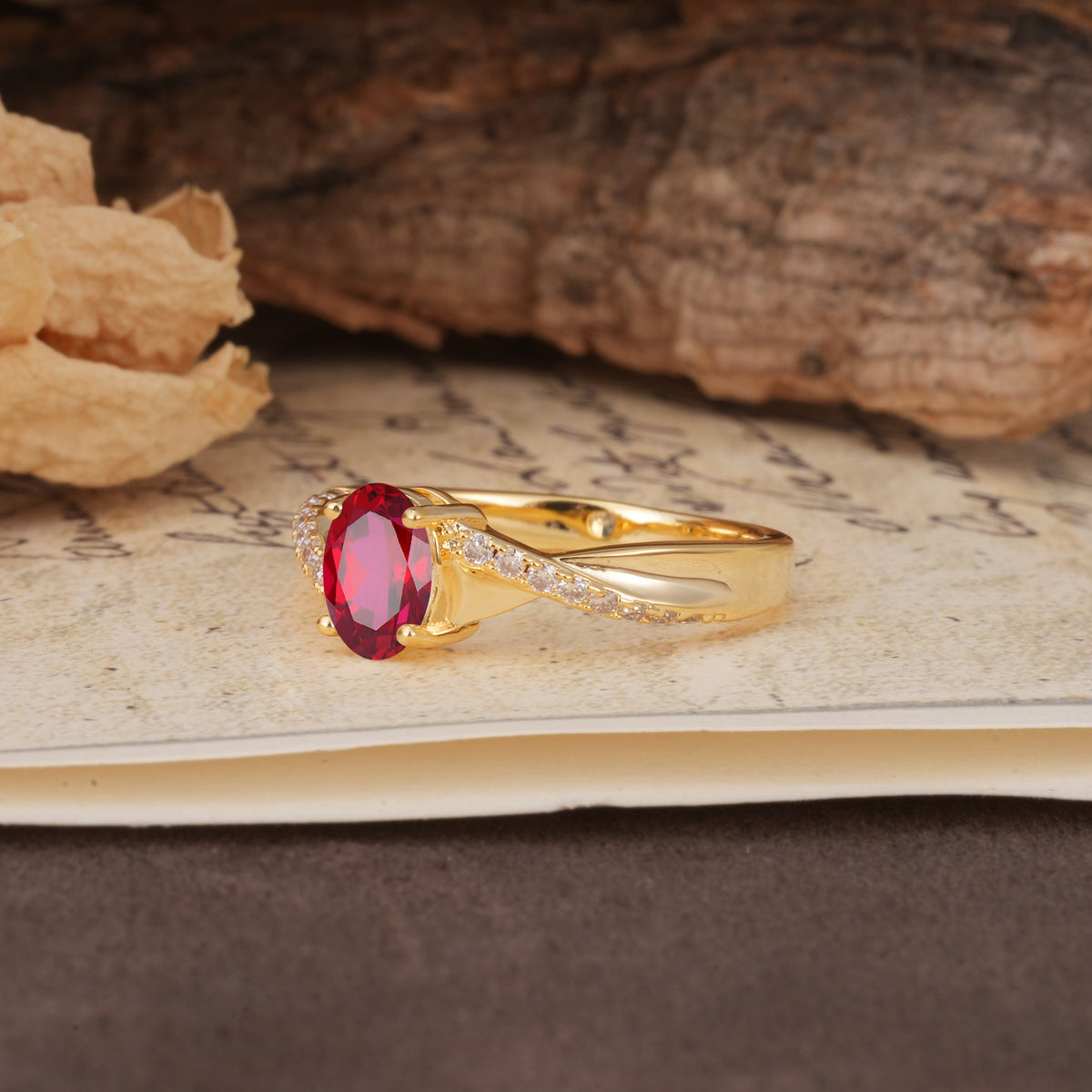 Unique, Luxurious Twisted 4-Prong Oval Cut Ruby Engagement Ring - Additional view