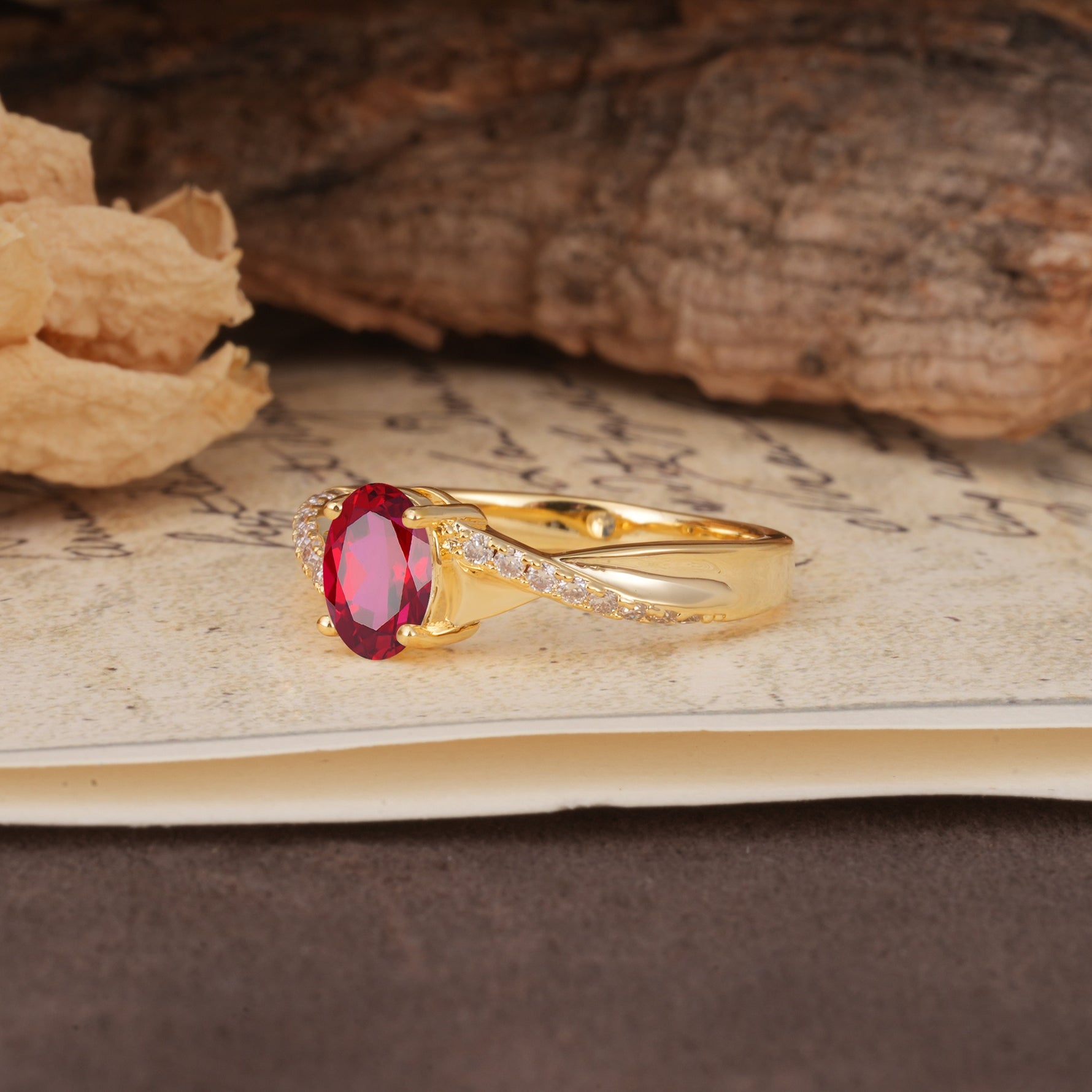 Unique, Luxurious Twisted 4-Prong Oval Cut Ruby Engagement Ring - Additional view