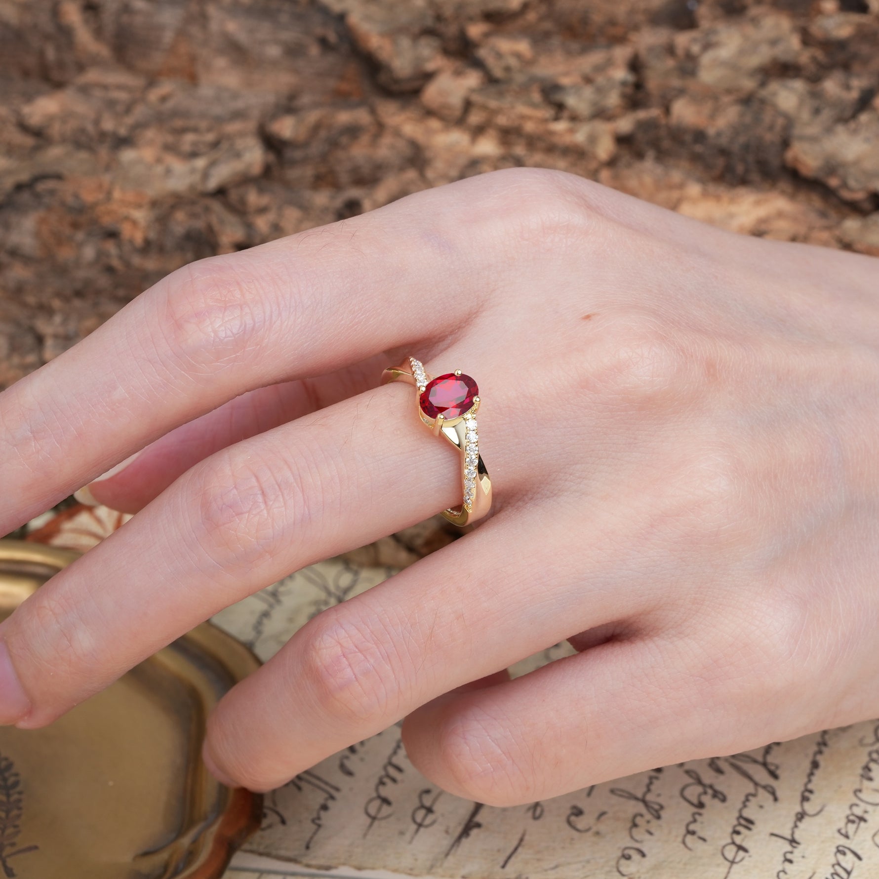 Unique, Luxurious Twisted 4-Prong Oval Cut Ruby Engagement Ring - Additional view