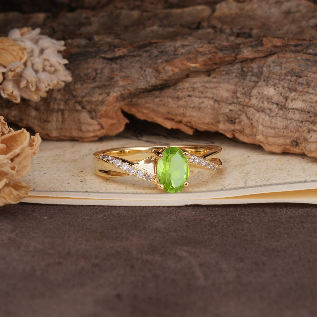 Unique, Luxurious Twisted 4-Prong Oval Cut Peridot Engagement Ring - Additional view