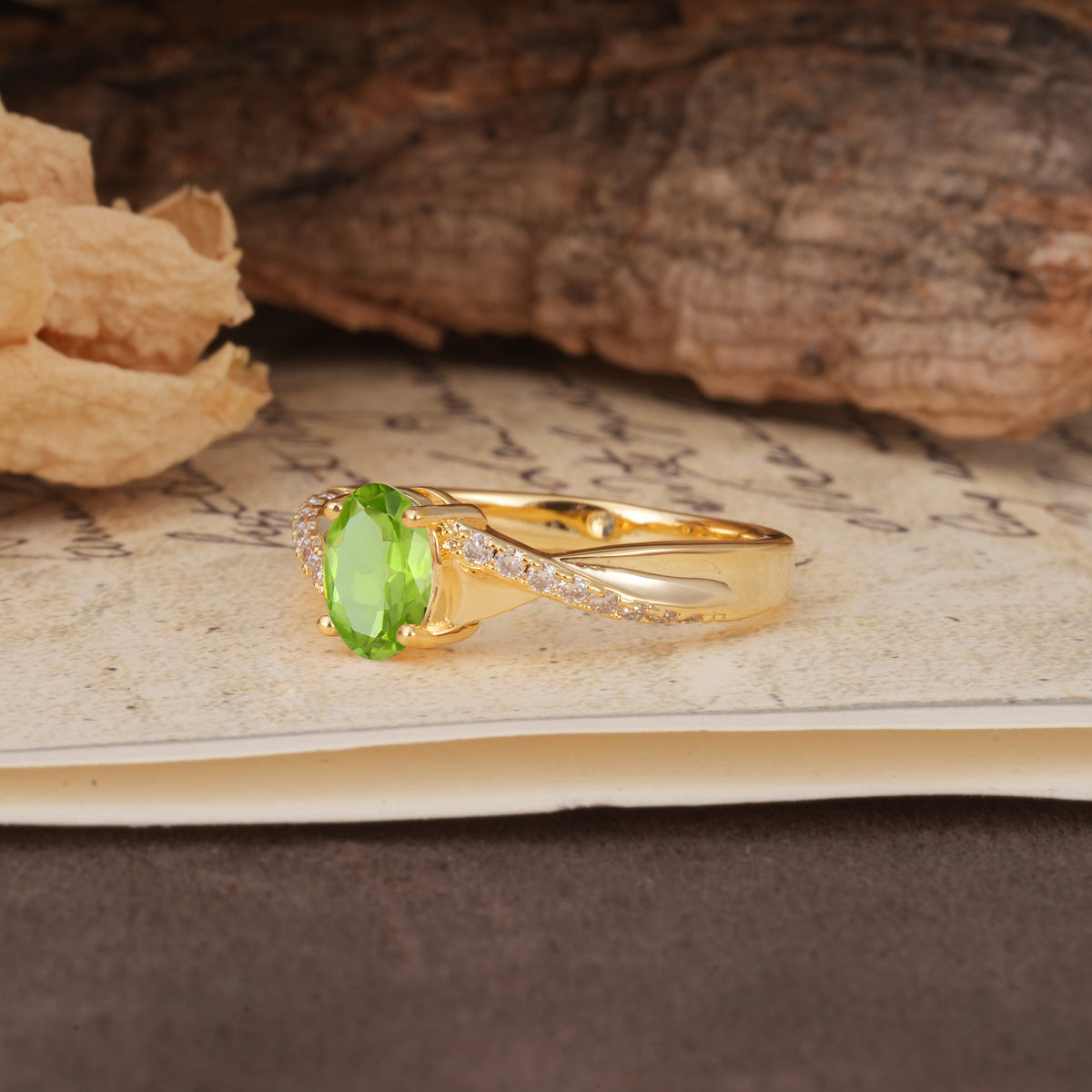 Unique, Luxurious Twisted 4-Prong Oval Cut Peridot Engagement Ring - Additional view