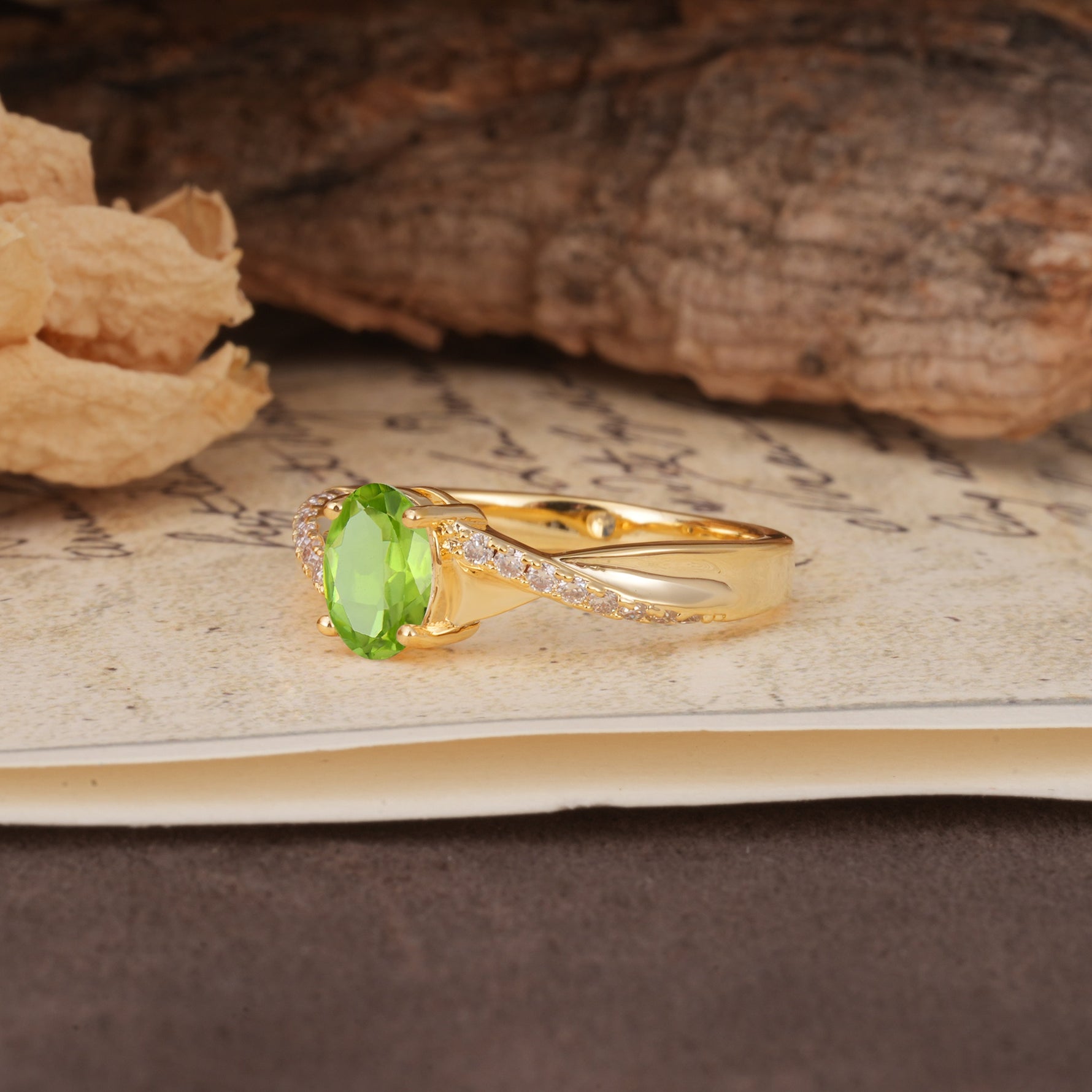 Unique, Luxurious Twisted 4-Prong Oval Cut Peridot Engagement Ring - Additional view