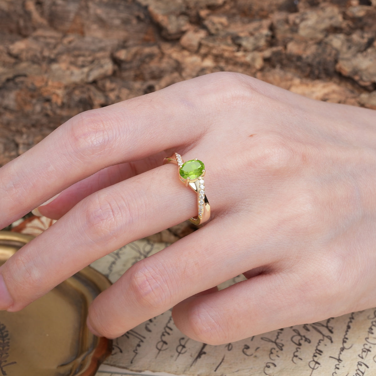Unique, Luxurious Twisted 4-Prong Oval Cut Peridot Engagement Ring - Additional view