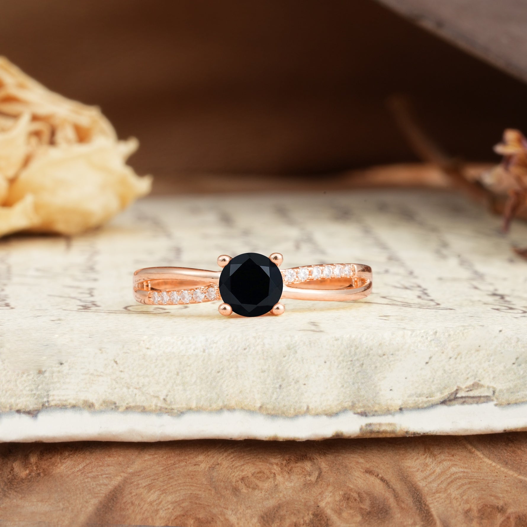 Simple 4-Prong Round Cut Black Onyx Engagement Ring - Additional view