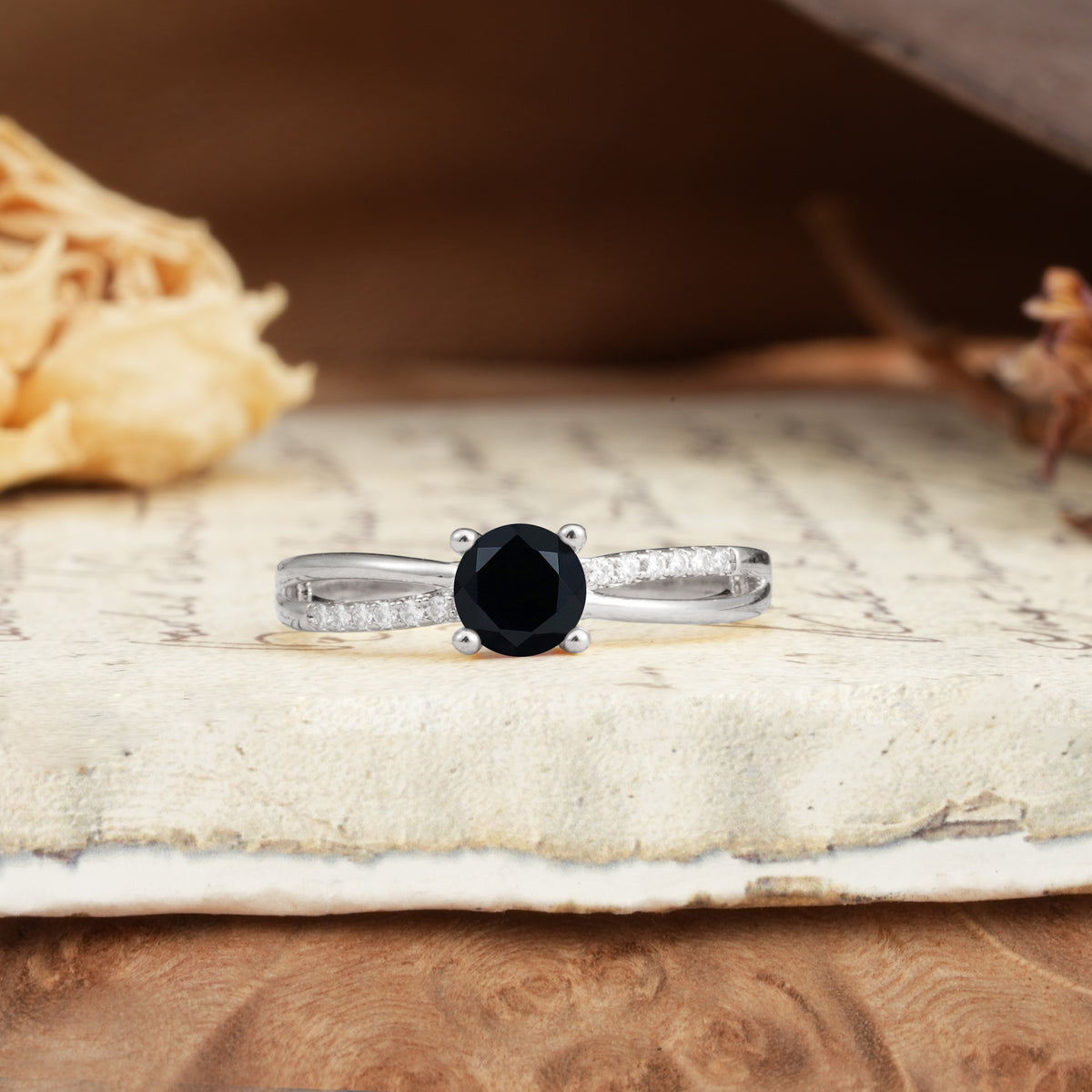 Simple 4-Prong Round Cut Black Onyx Engagement Ring - Additional view