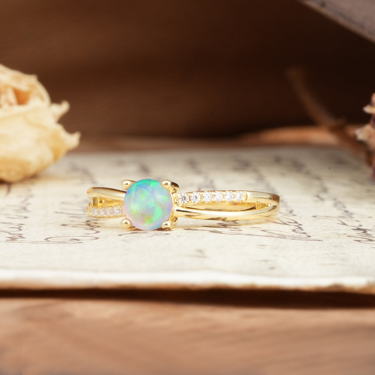 Simple 4-Prong Round Cut Fire Opal Engagement Ring - Additional view