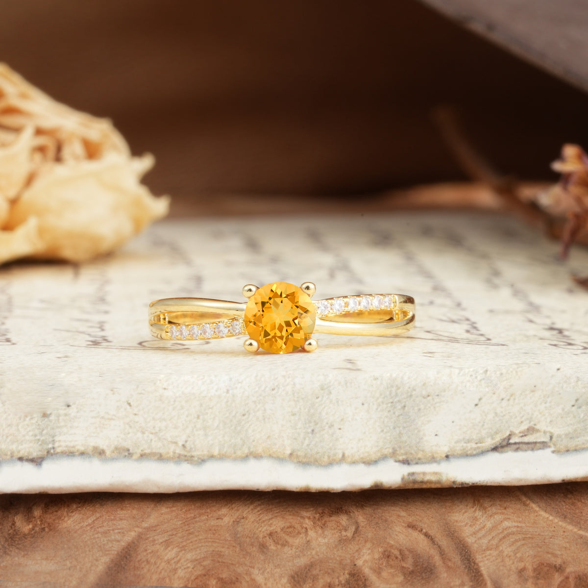 Simple 4-Prong Round Cut Citrine Engagement Ring - Additional view