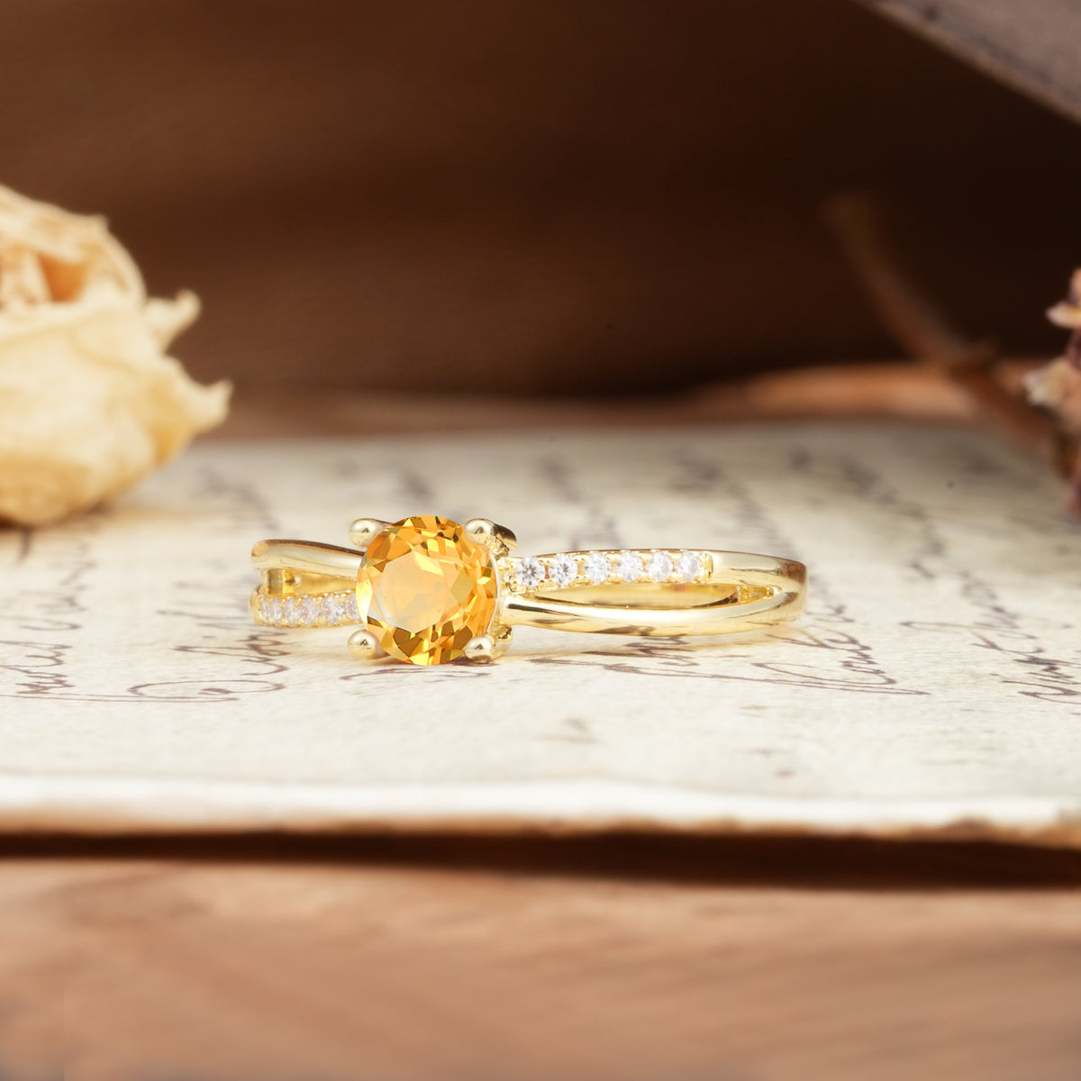 Simple 4-Prong Round Cut Citrine Engagement Ring - Additional view