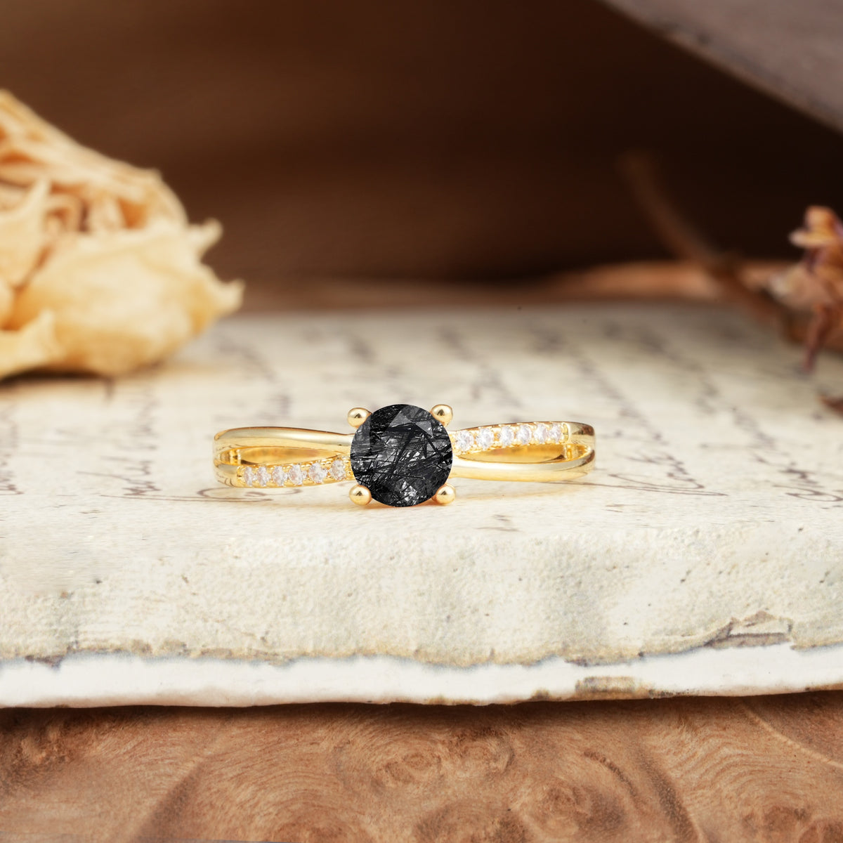 Simple 4-Prong Round Cut Black Rutilated Quartz Engagement Ring - Additional view
