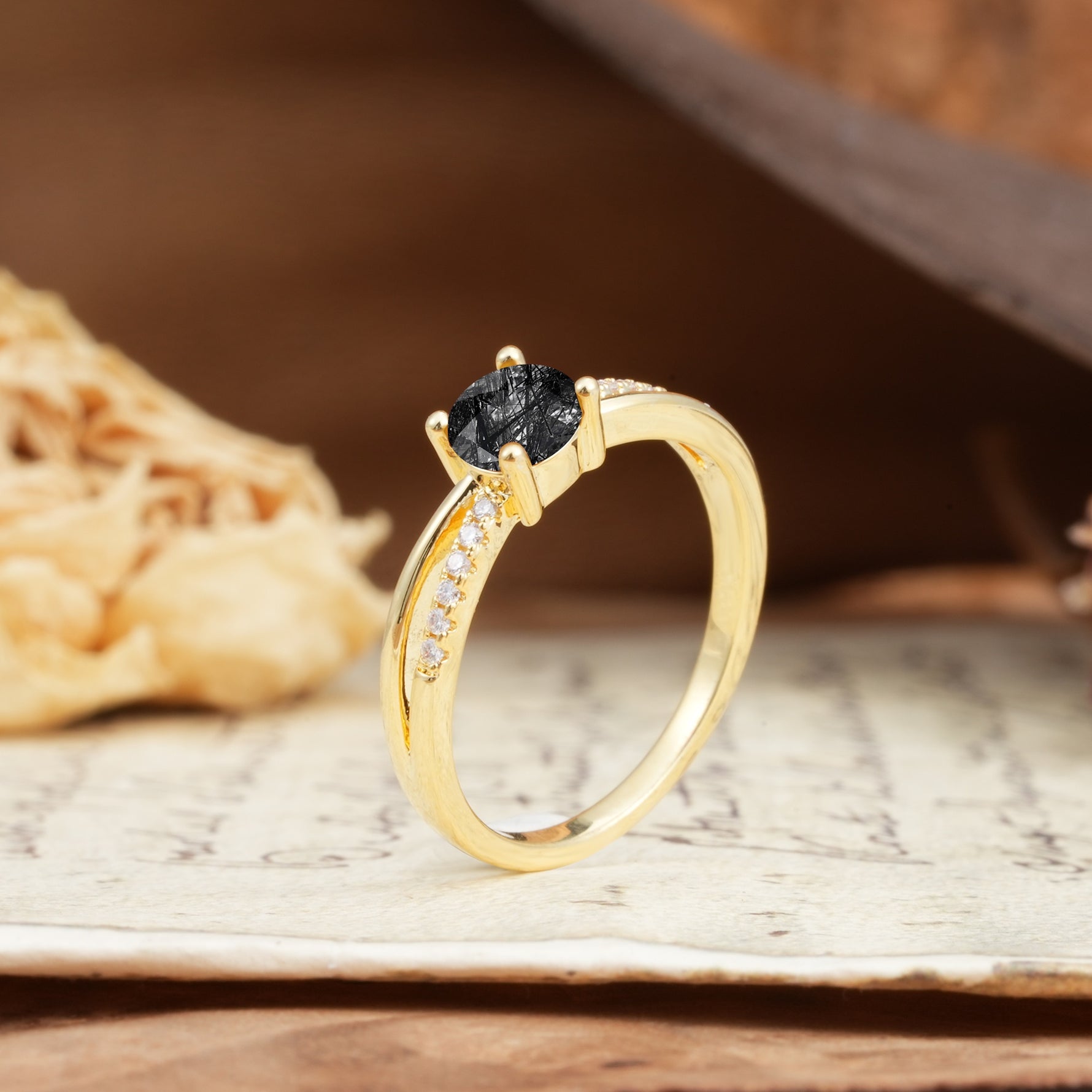 Simple 4-Prong Round Cut Black Rutilated Quartz Engagement Ring - Additional view
