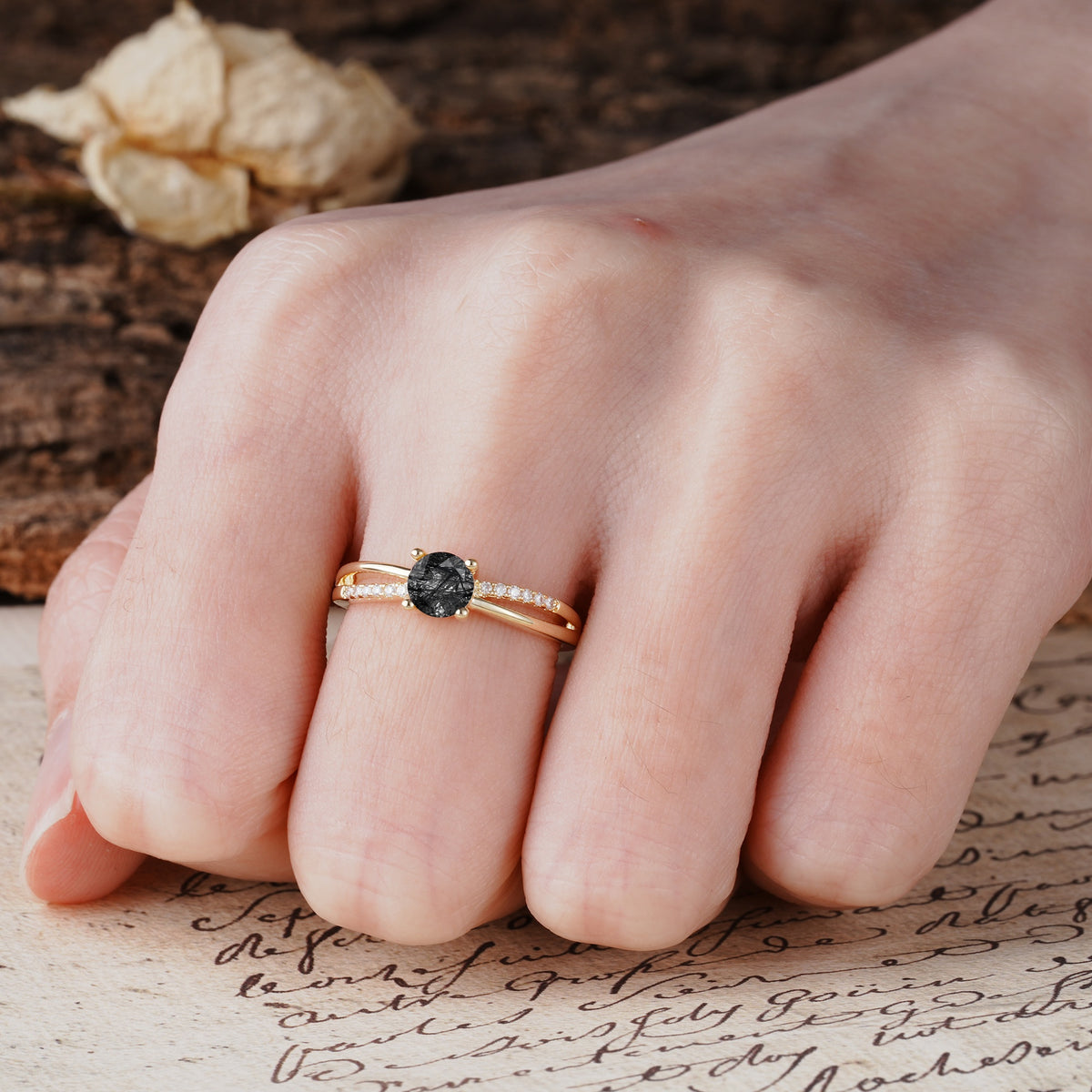 Simple 4-Prong Round Cut Black Rutilated Quartz Engagement Ring - Additional view