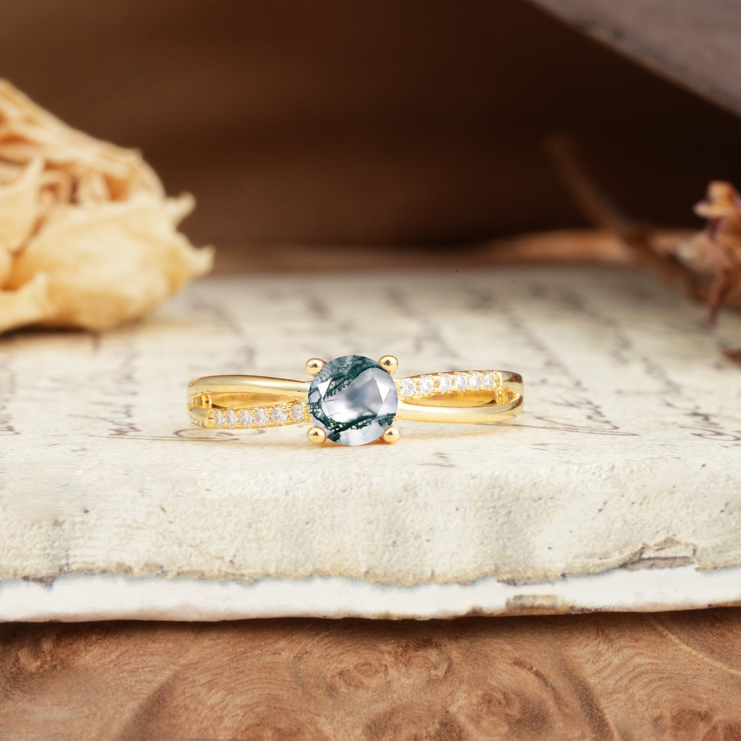 Simple 4-Prong Round Cut Moss Agate Engagement Ring - Additional view