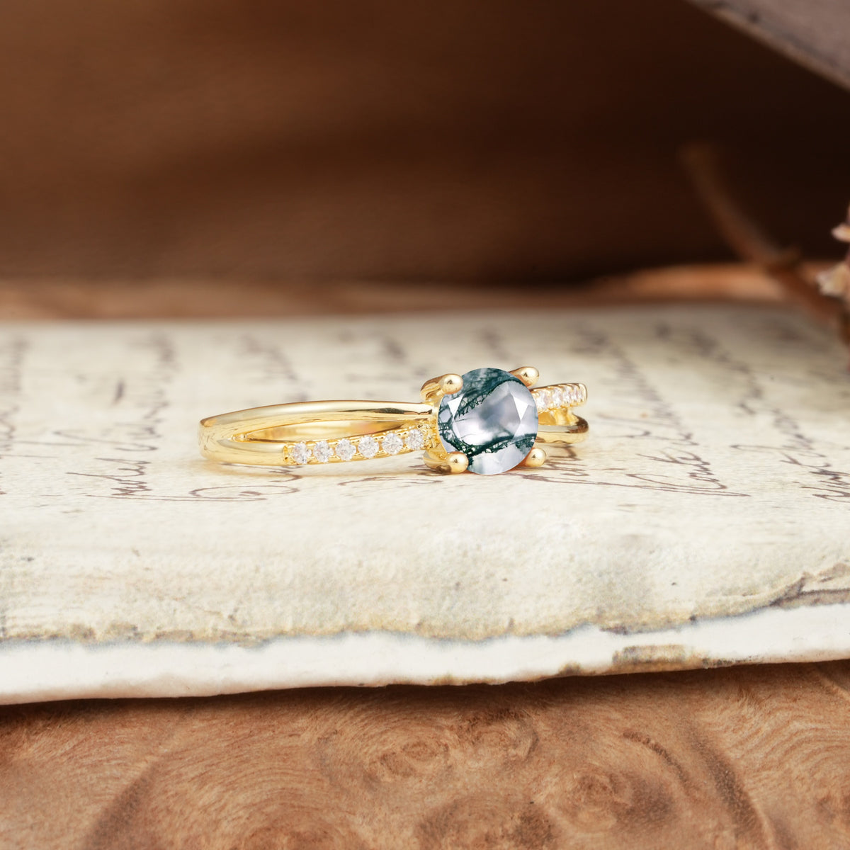 Simple 4-Prong Round Cut Moss Agate Engagement Ring - Additional view
