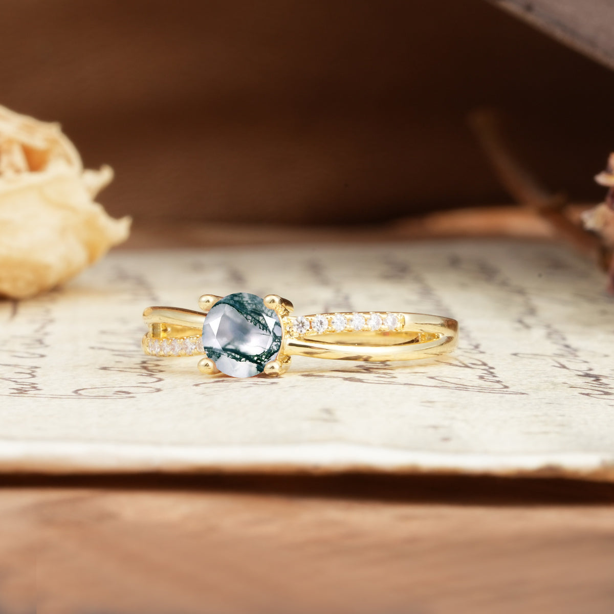 Simple 4-Prong Round Cut Moss Agate Engagement Ring - Additional view