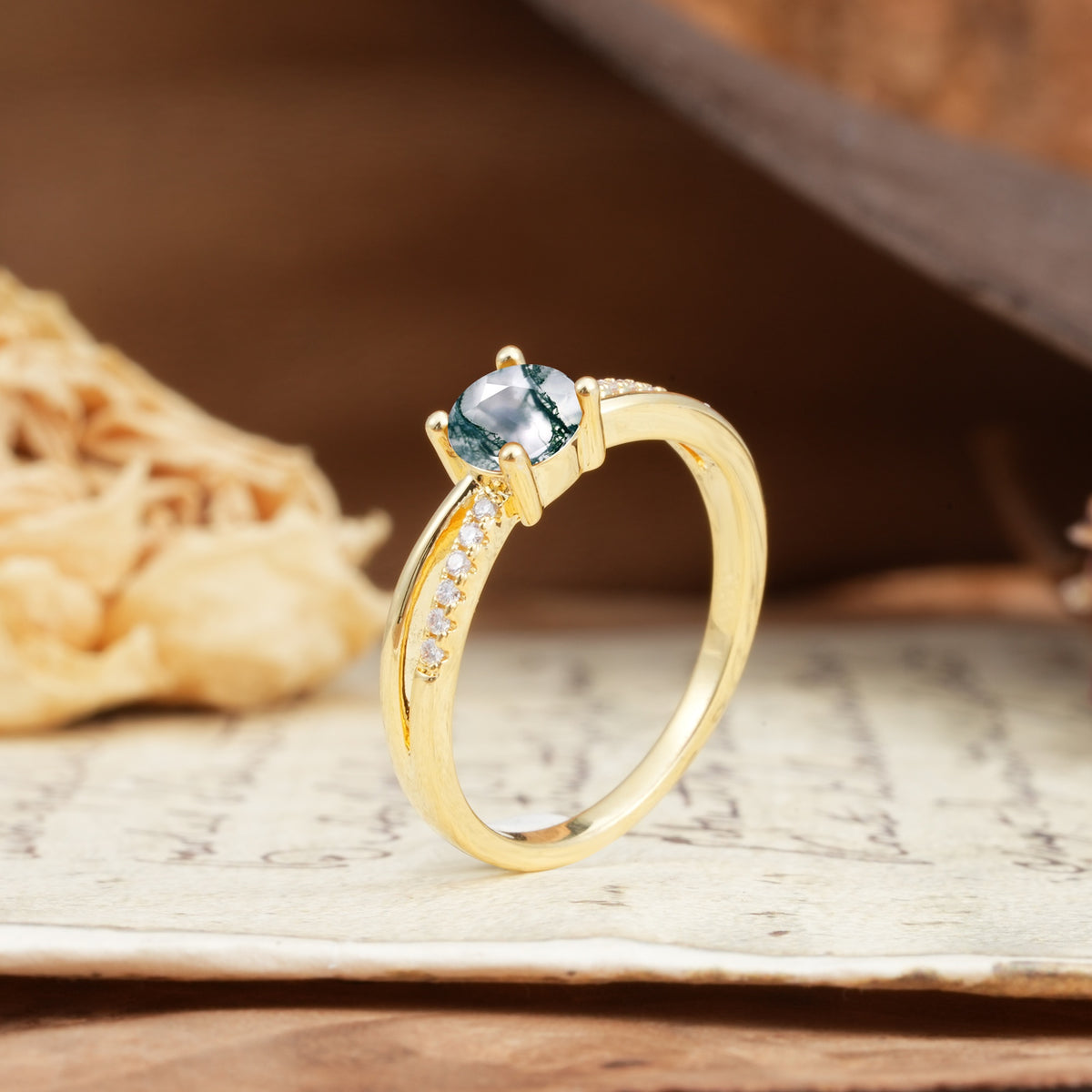 Simple 4-Prong Round Cut Moss Agate Engagement Ring - Additional view