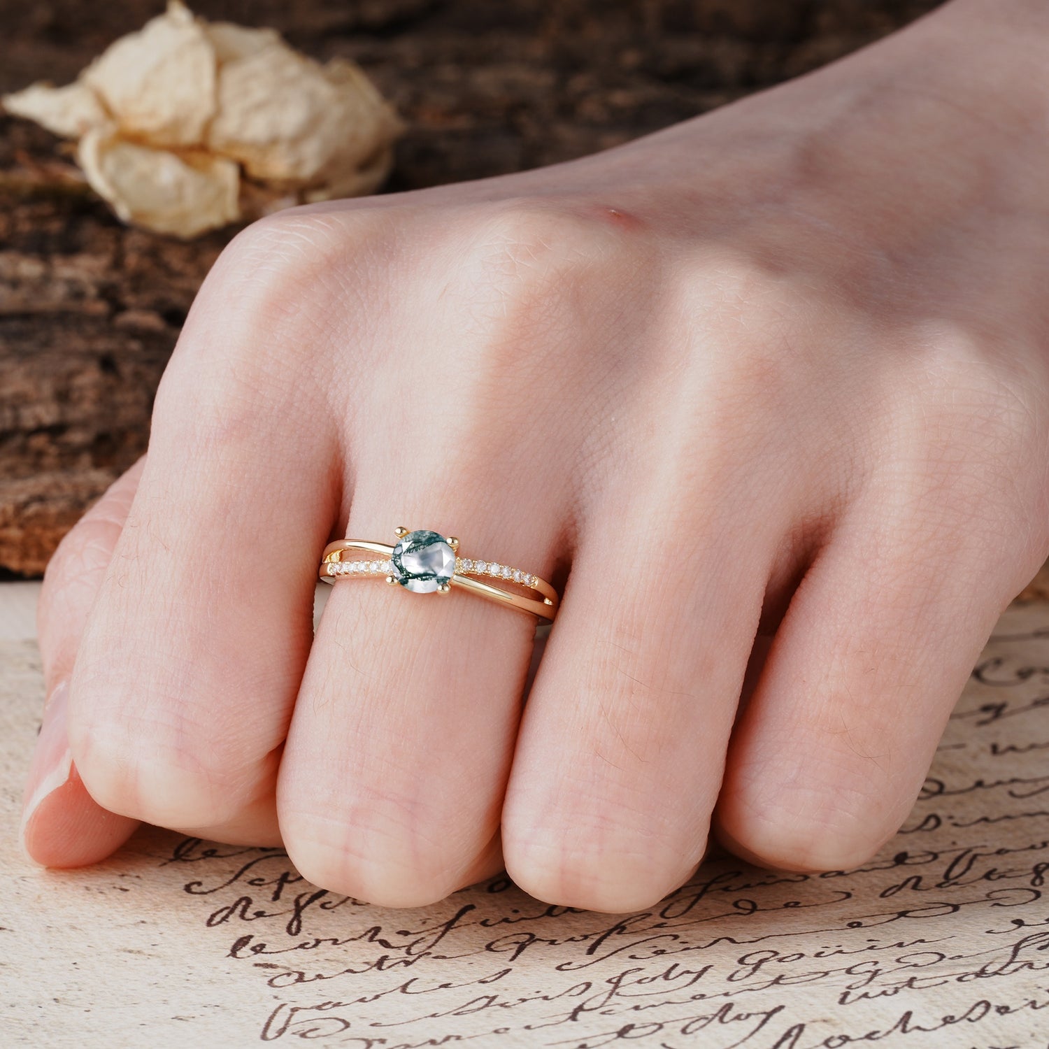 Simple 4-Prong Round Cut Moss Agate Engagement Ring - Additional view