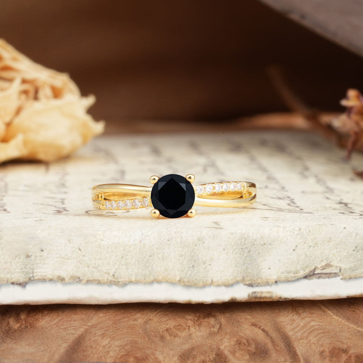 Simple 4-Prong Round Cut Black Onyx Engagement Ring - Additional view