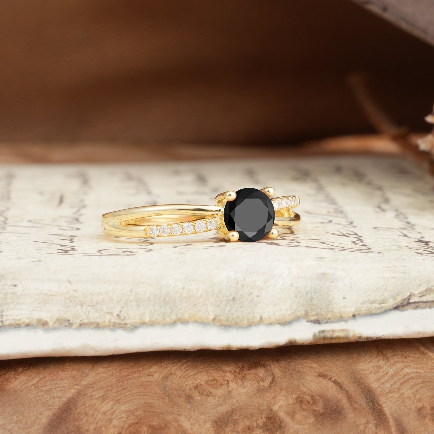 Simple 4-Prong Round Cut Black Onyx Engagement Ring - Additional view