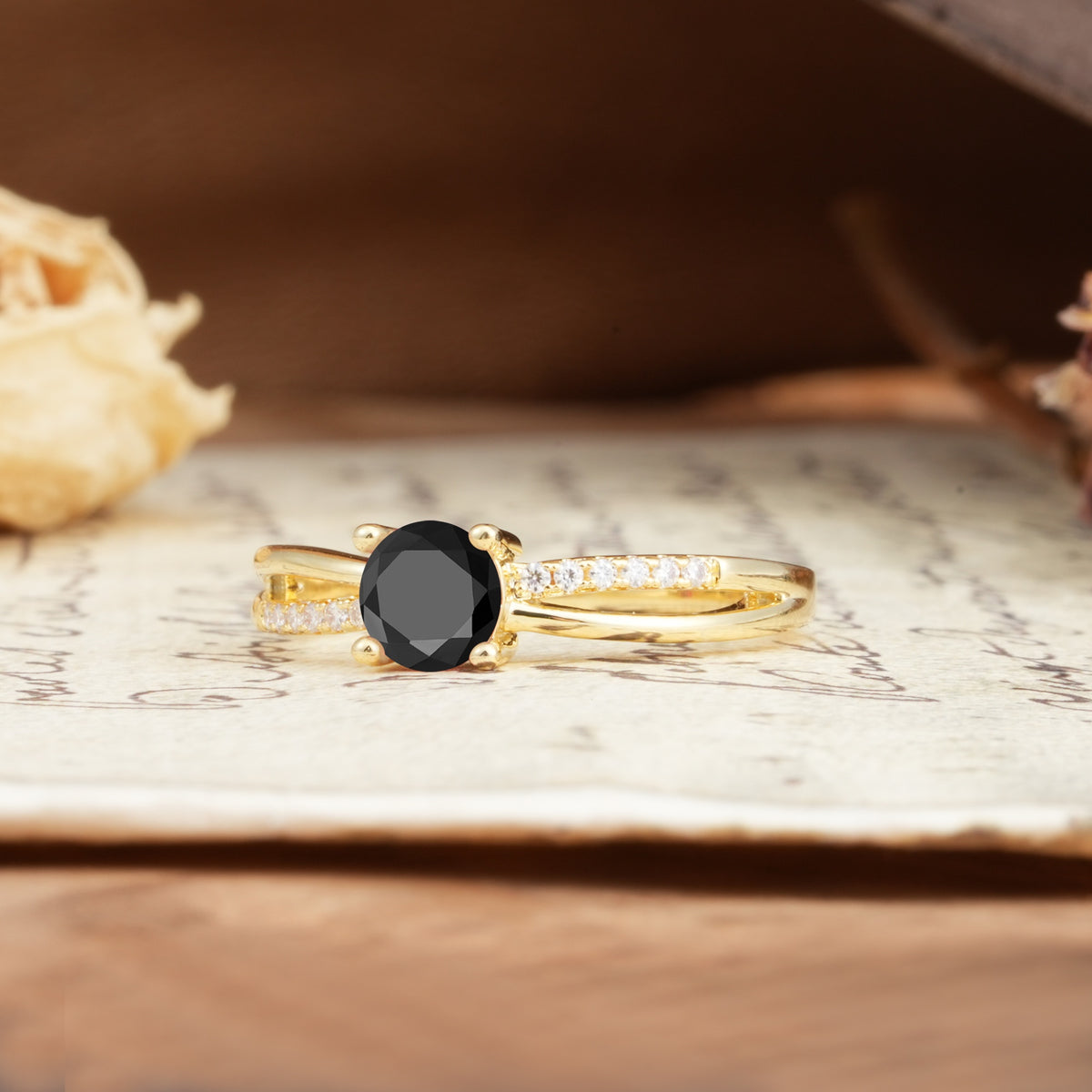 Simple 4-Prong Round Cut Black Onyx Engagement Ring - Additional view