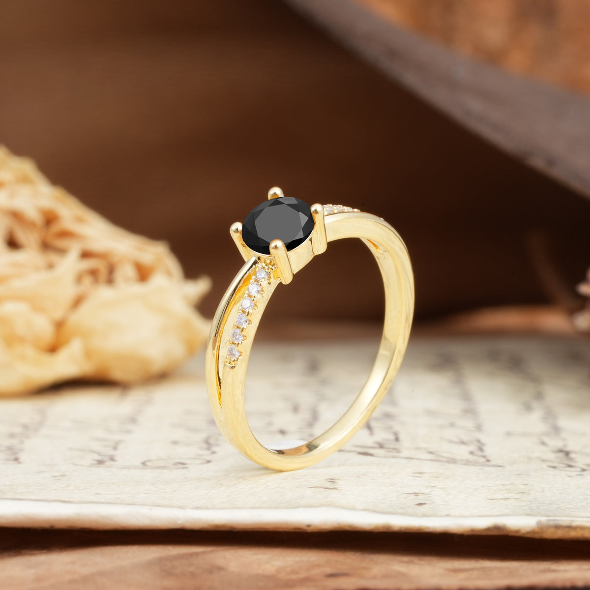 Simple 4-Prong Round Cut Black Onyx Engagement Ring - Additional view