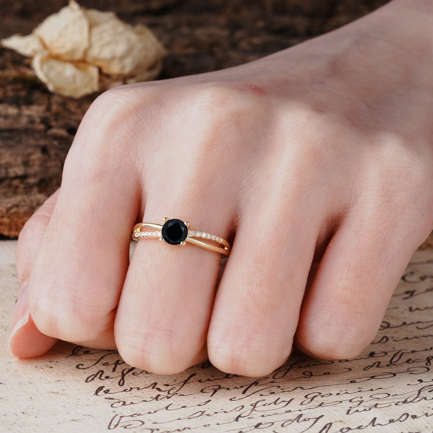 Simple 4-Prong Round Cut Black Onyx Engagement Ring - Additional view