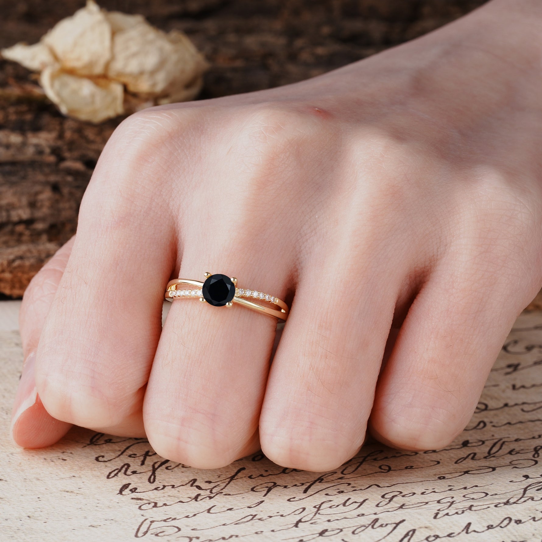 Simple 4-Prong Round Cut Black Onyx Engagement Ring - Additional view
