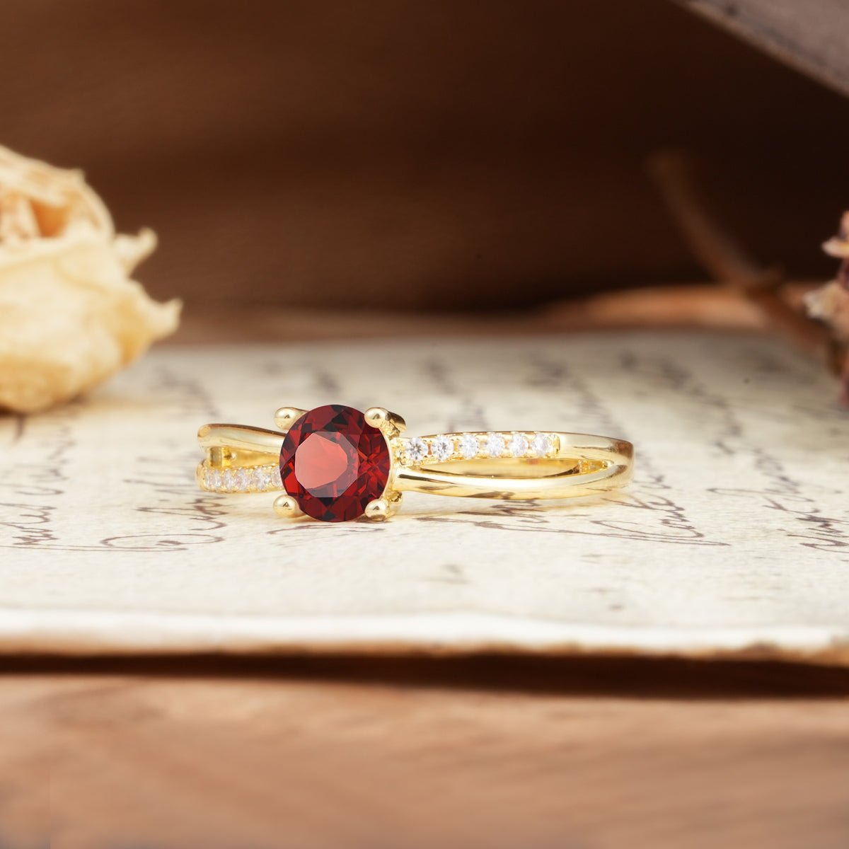 Simple 4-Prong Round Cut Garnet Engagement Ring - Additional view