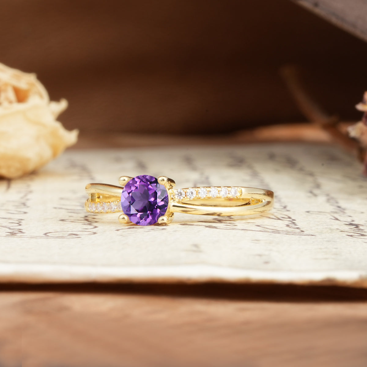 Simple 4-Prong Round Cut Amethyst Engagement Ring - Additional view