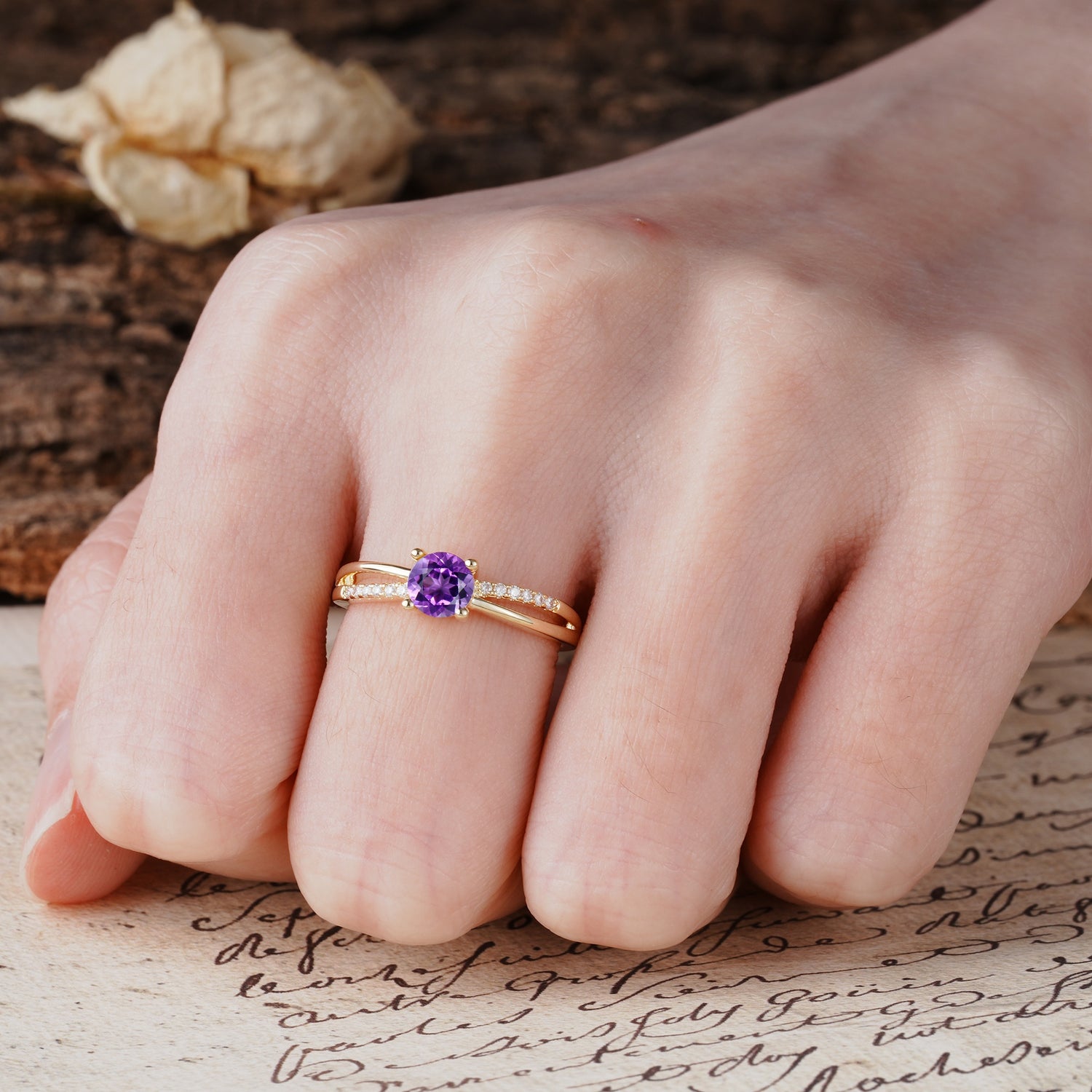 Simple 4-Prong Round Cut Amethyst Engagement Ring - Additional view