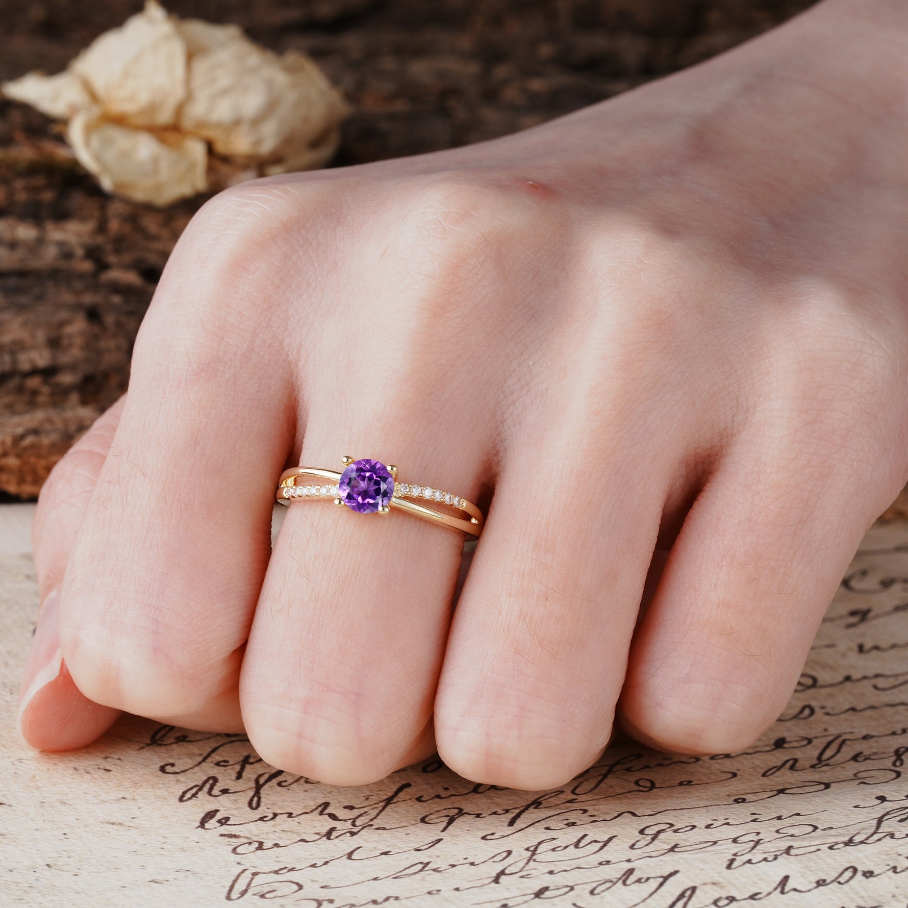 Simple 4-Prong Round Cut Amethyst Engagement Ring - Additional view