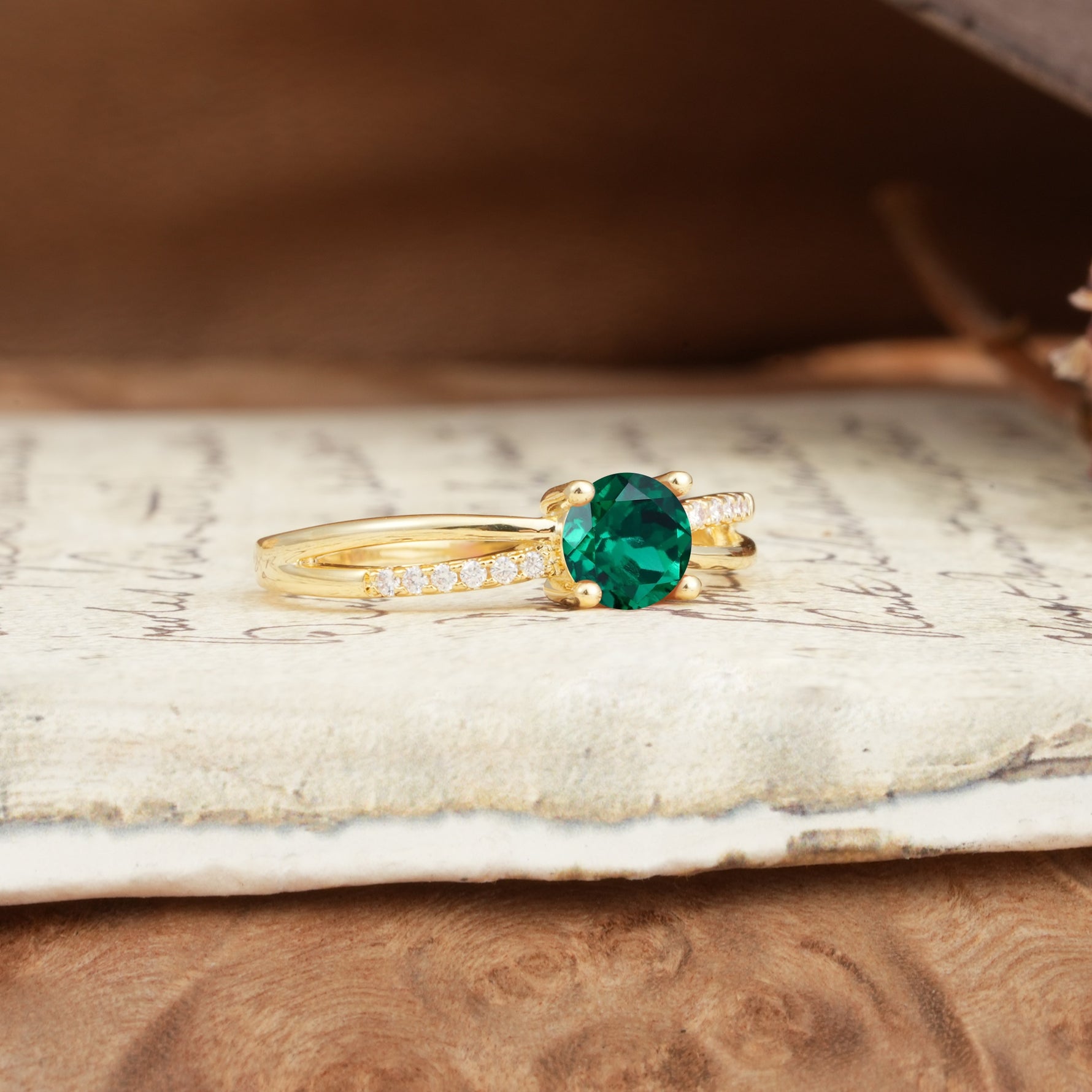 Simple 4-Prong Round Cut Emerald Engagement Ring - Additional view