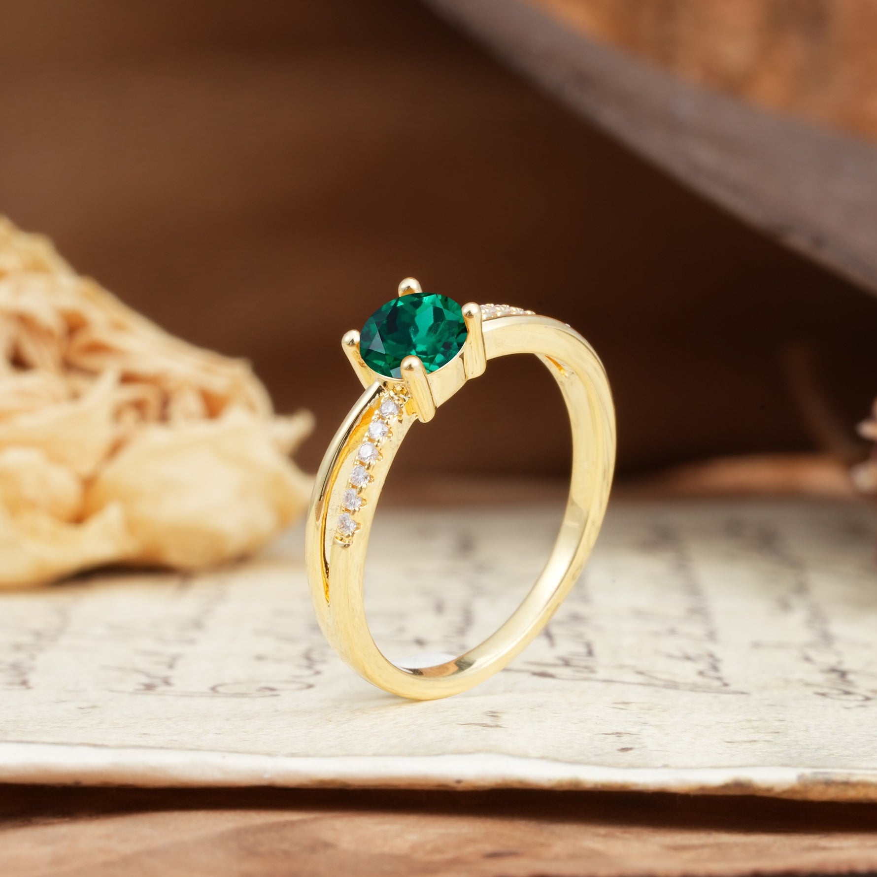 Simple 4-Prong Round Cut Emerald Engagement Ring - Additional view