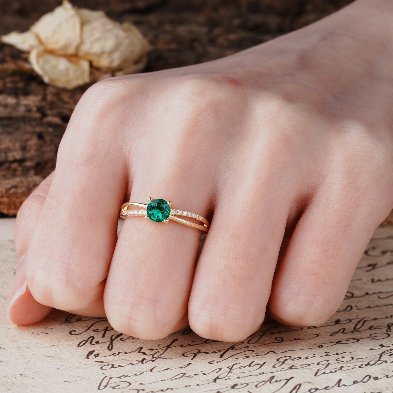 Simple 4-Prong Round Cut Emerald Engagement Ring - Additional view