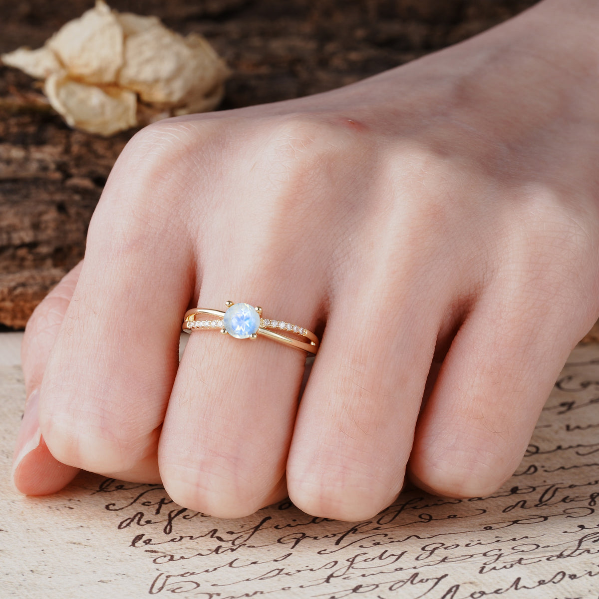 Simple 4-Prong Round Cut Moonstone Engagement Ring - Additional view