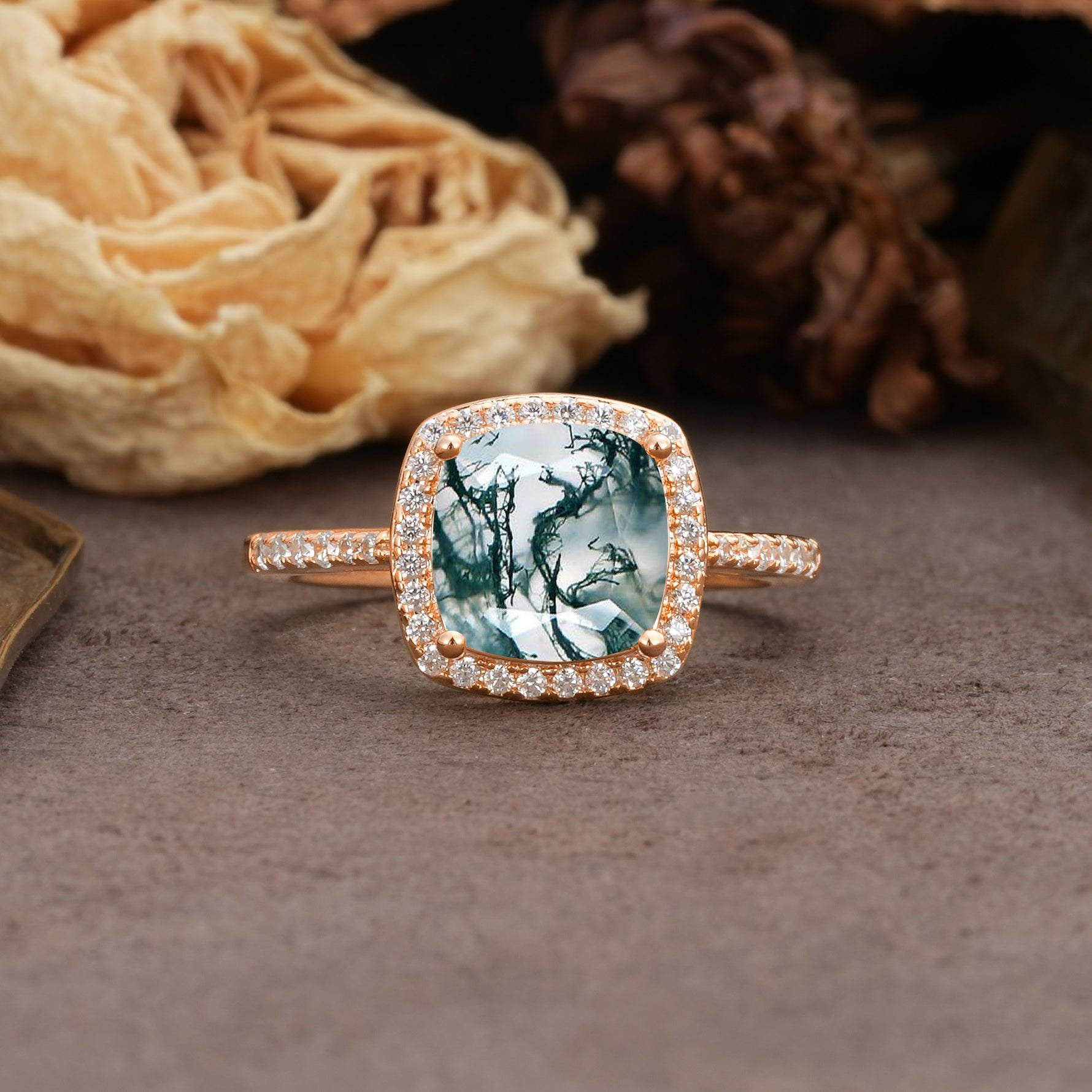 Classic Luxury 4-Prong Princess Cut Moss Agate Engagement Ring - Additional view