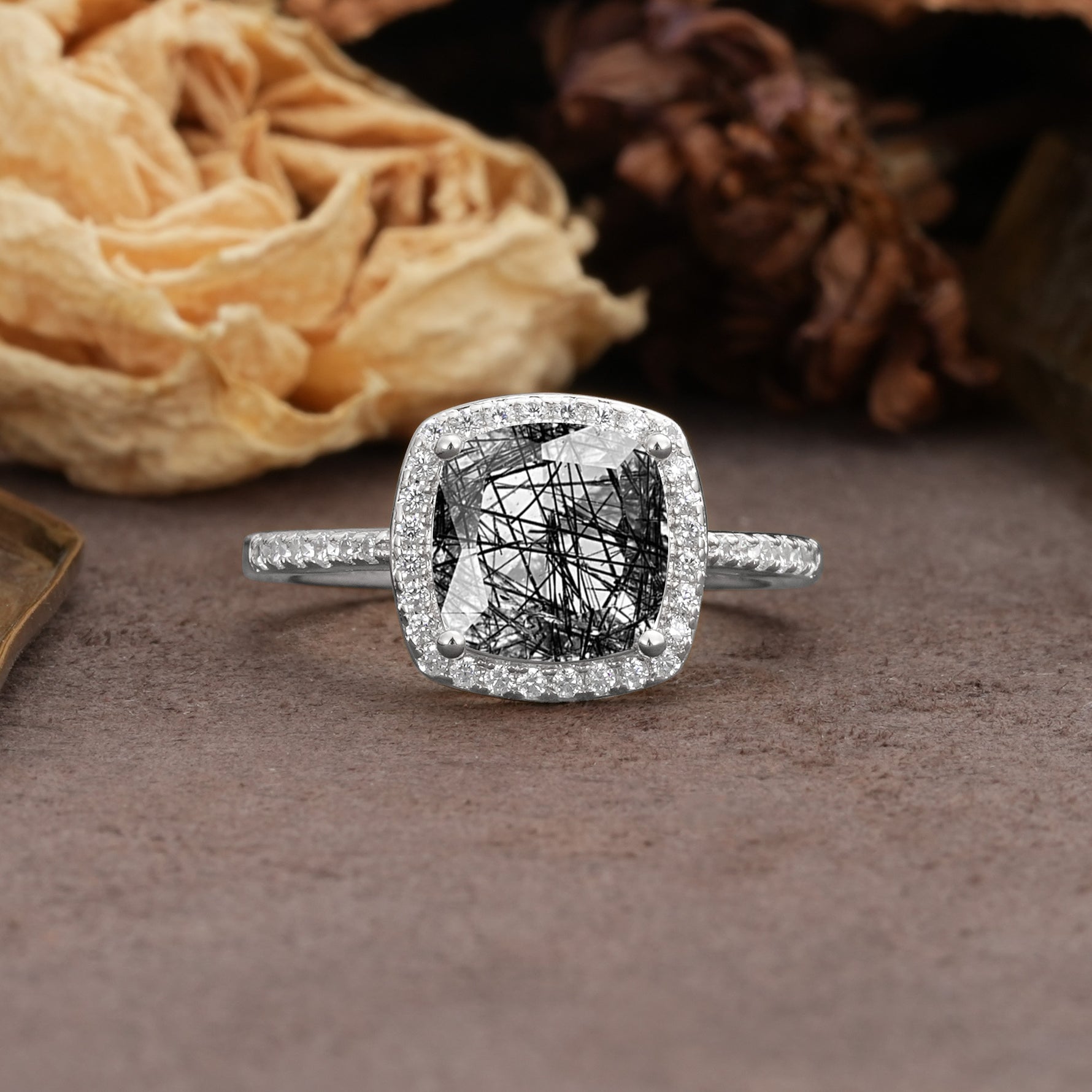 Classic Luxury 4-Prong Princess Cut Black Rutilated Quartz Engagement Ring - Additional view