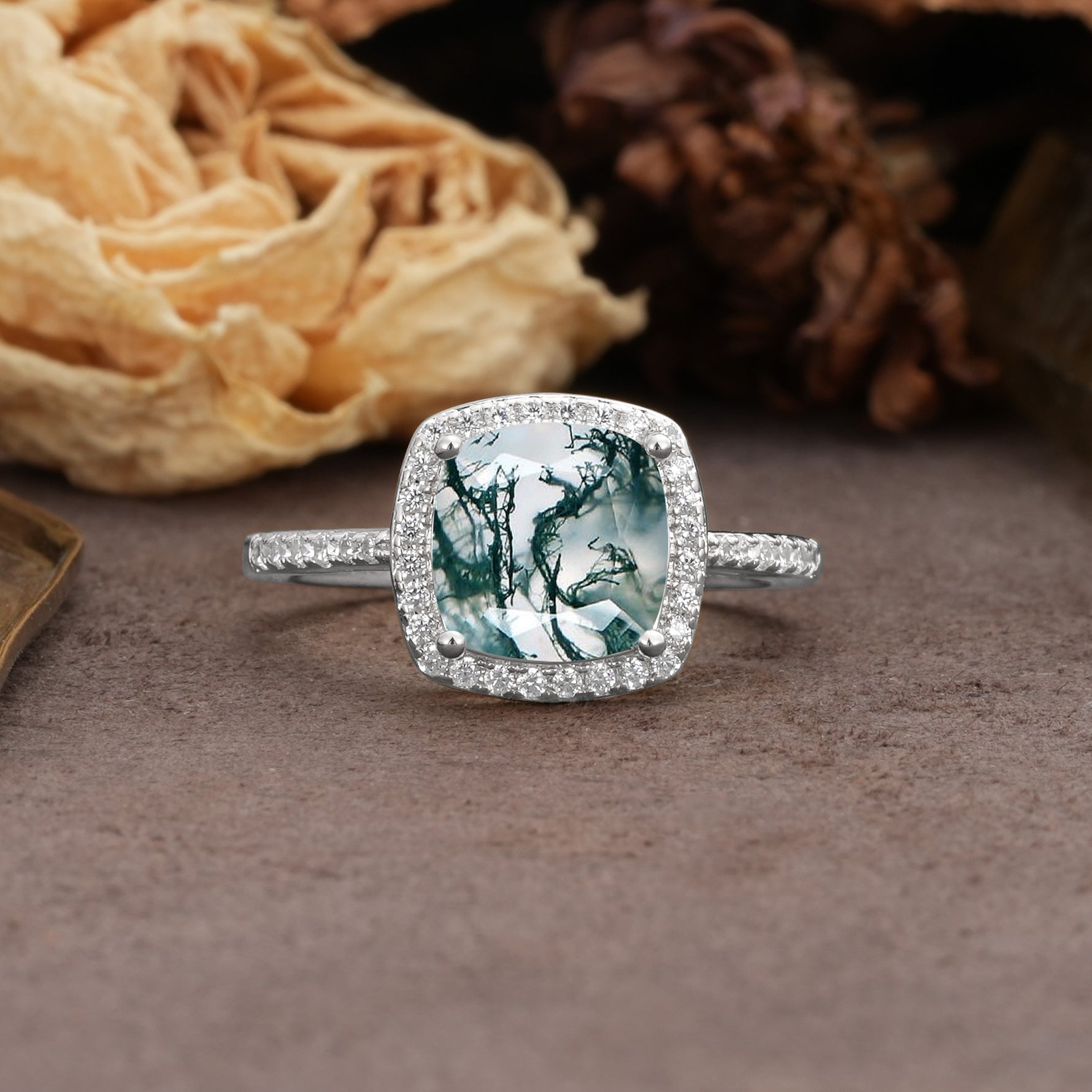 Classic Luxury 4-Prong Princess Cut Moss Agate Engagement Ring - Additional view