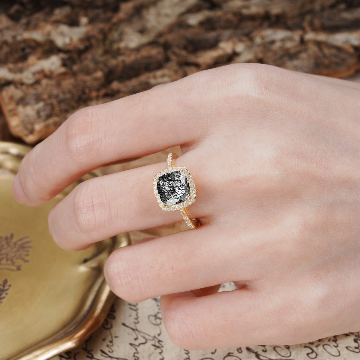 Classic Luxury 4-Prong Princess Cut Black Rutilated Quartz Engagement Ring