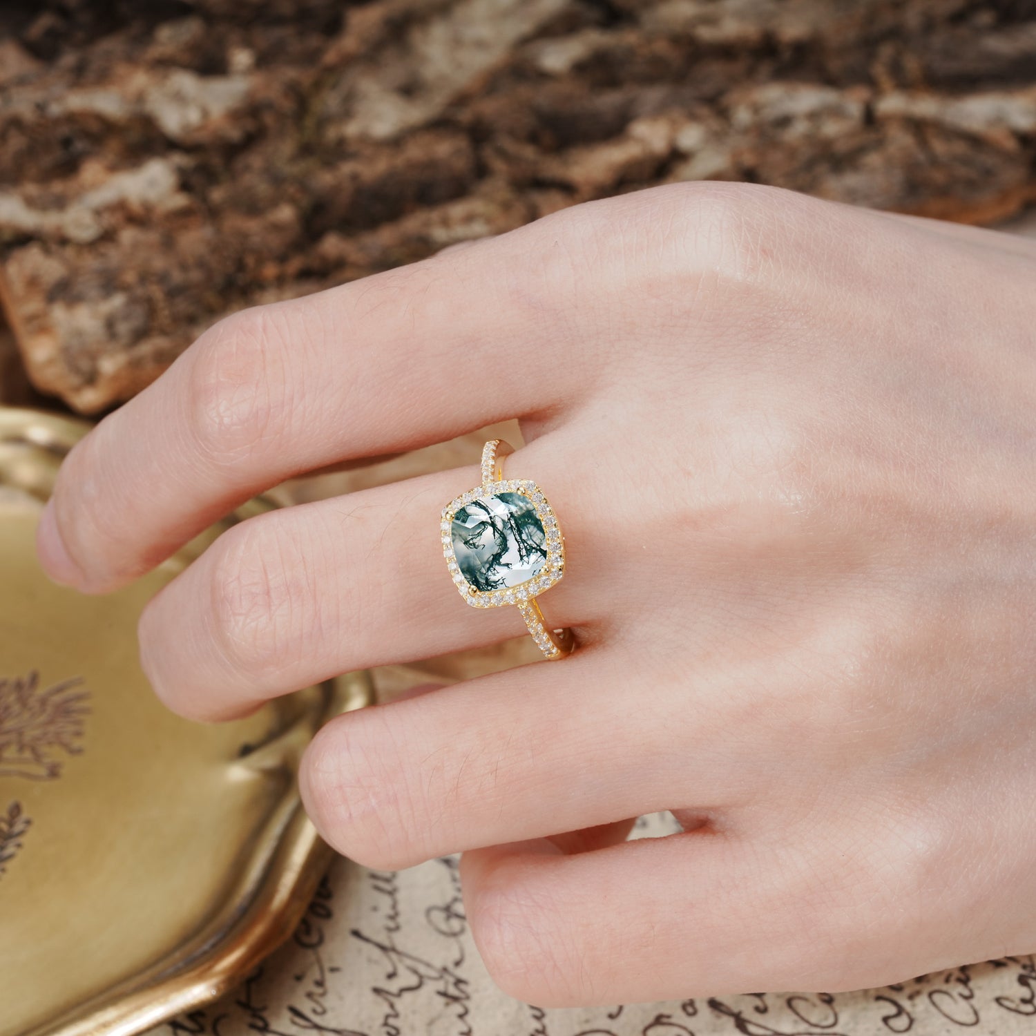 Classic Luxury 4-Prong Princess Cut Moss Agate Engagement Ring